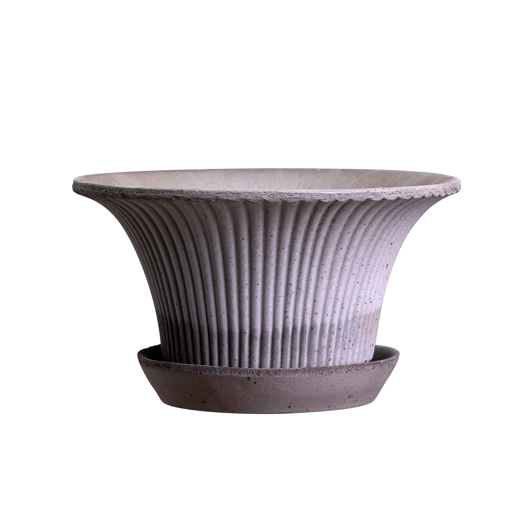 Ceramic Bergs Potter planter with ribbed texture and flared mouth in natural stone grey colour