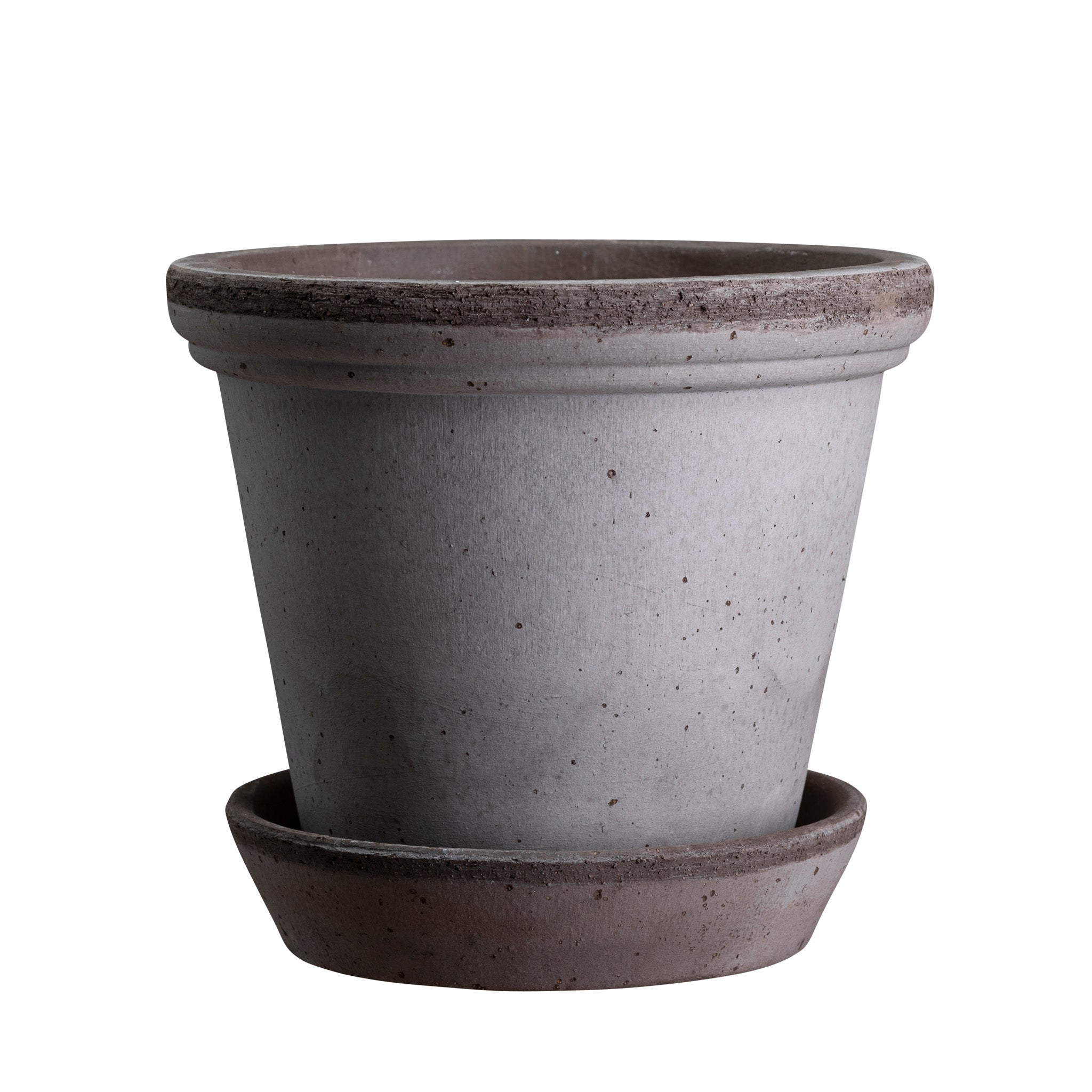 Ceramic Bergs Potter planter in stone grey colour with matching saucer on a white background