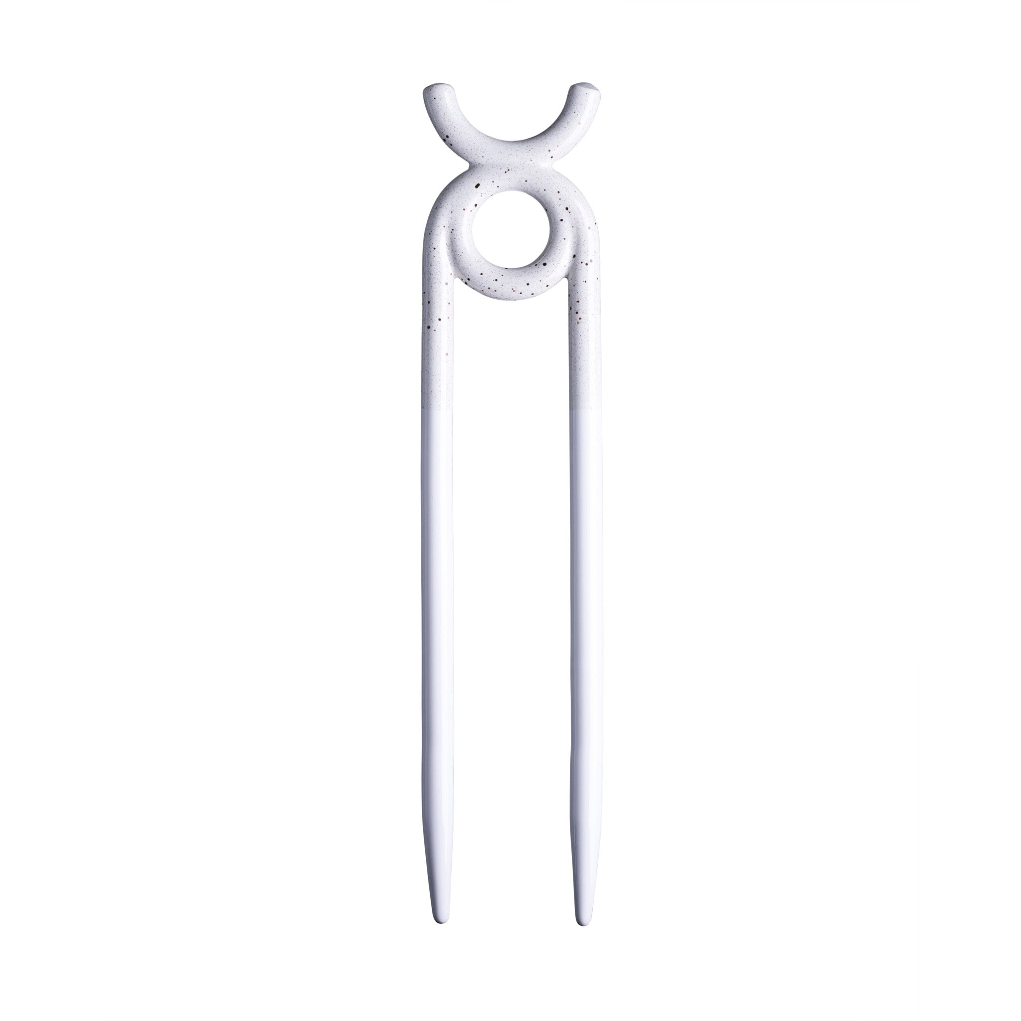 White glossy-finished two-pronged plant support stake on white background