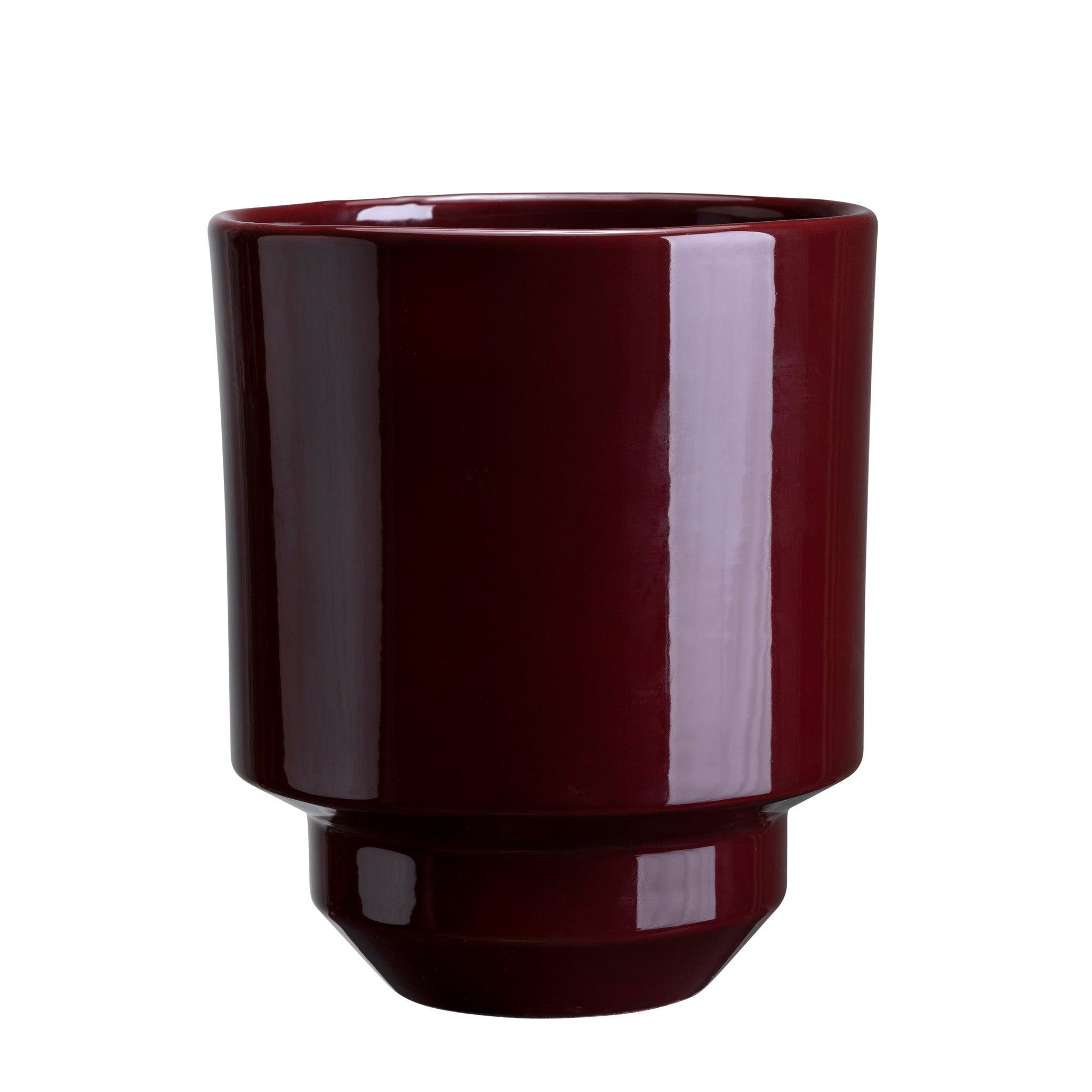 Dark red glaze-finish Bergs Potter ceramic pot with tapered base