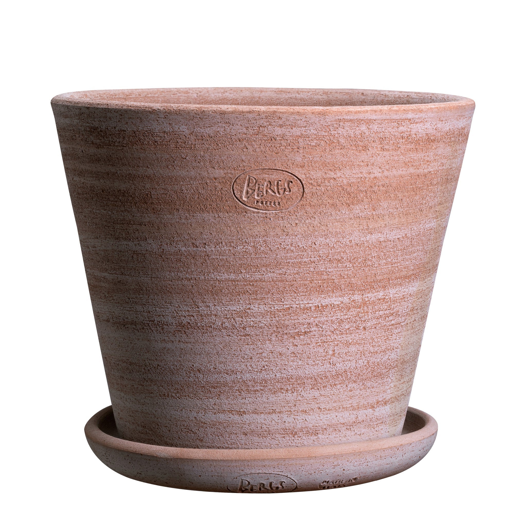 Large raw terracotta finish ceramic Bergs Potter pot and matching saucer, both with embossed logo mark
