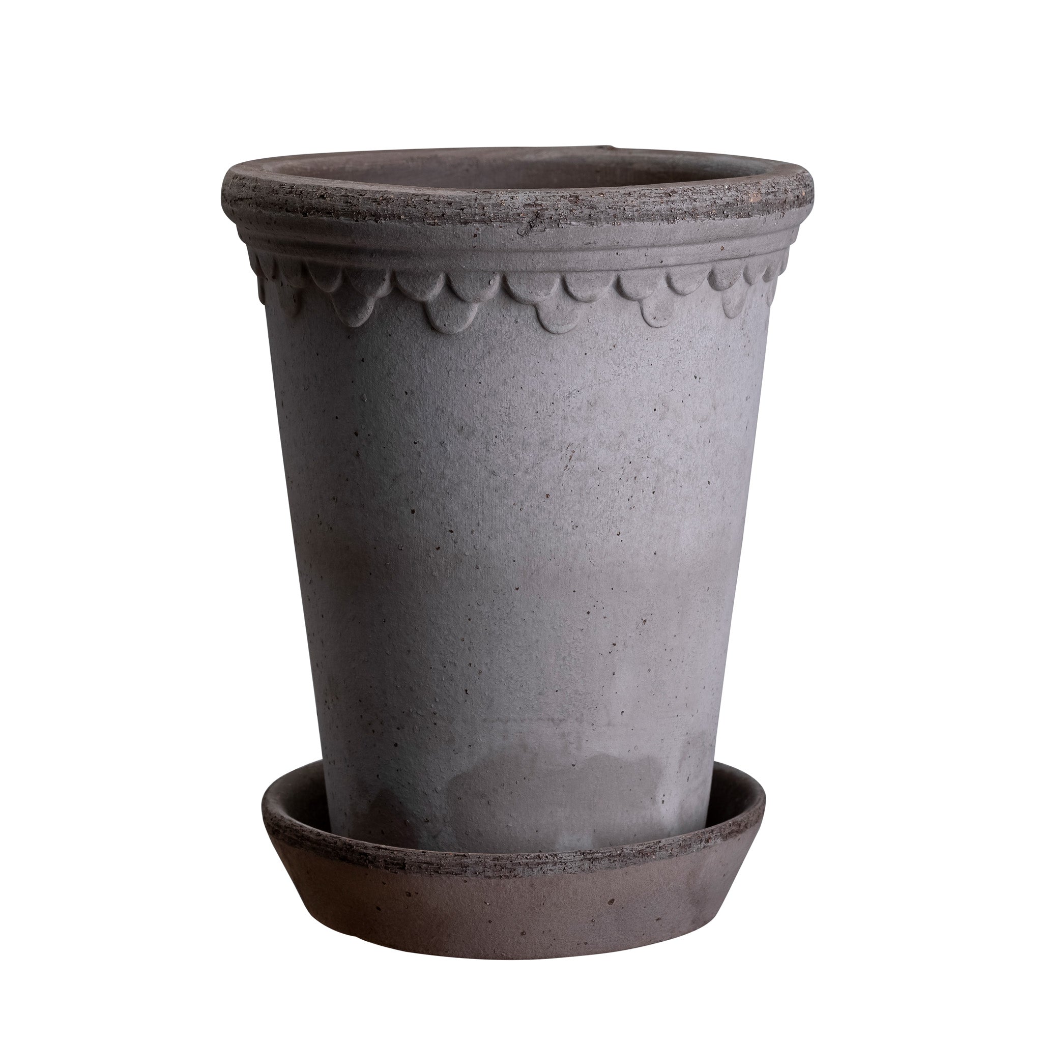 Tall stone-grey finish ceramic Bergs Potter pot with decorative rim and matching saucer