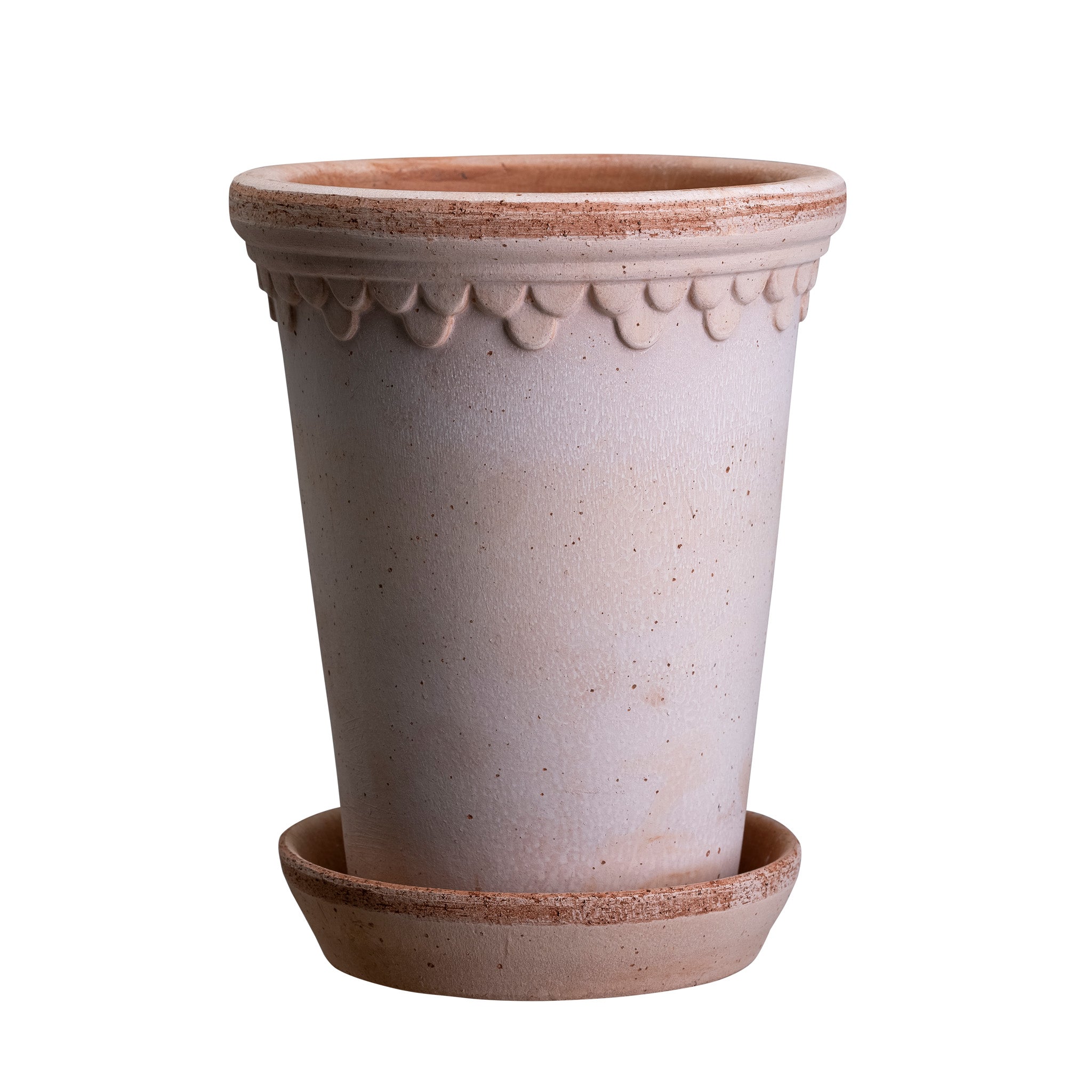 Large terracotta ceramic Bergs Potter pot with ornamental rim and matching saucer on a white background