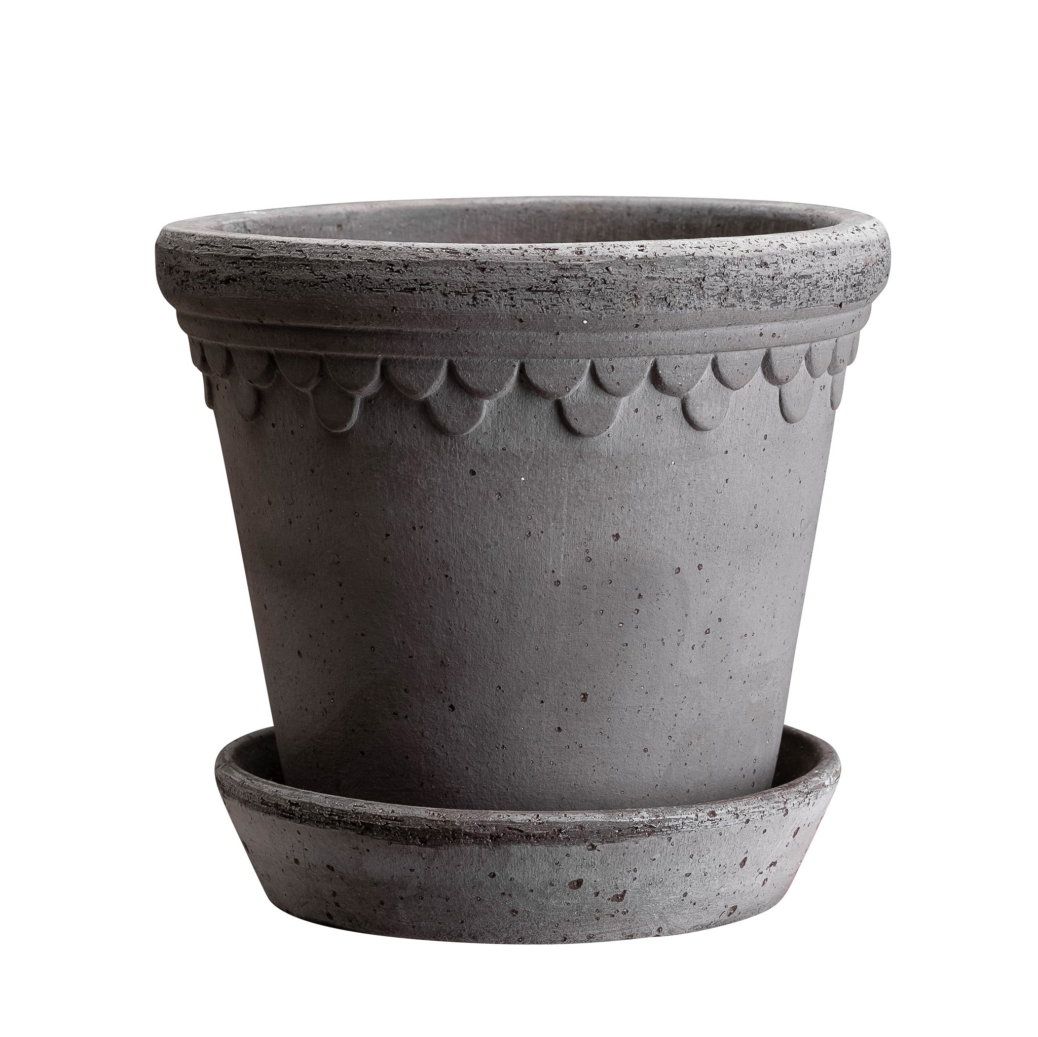 Stone grey ceramic Bergs Potter pot with decorative rim and matching saucer