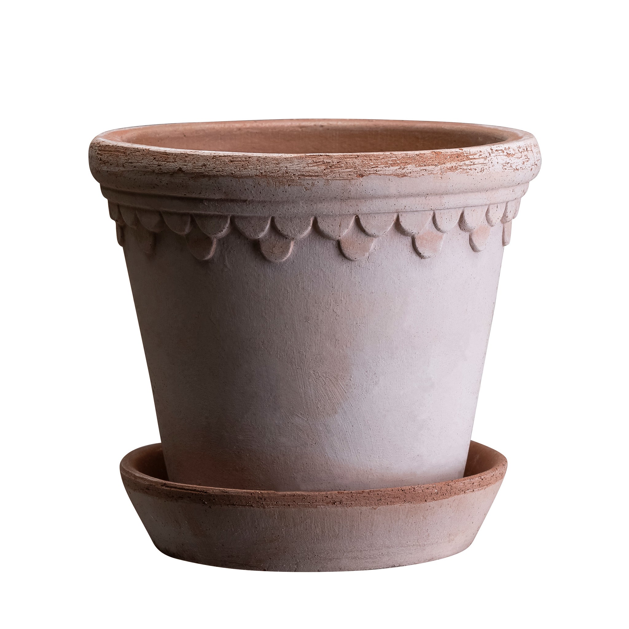 Raw terracotta ceramic Bergs Potter pot with decorative rim and matching saucer