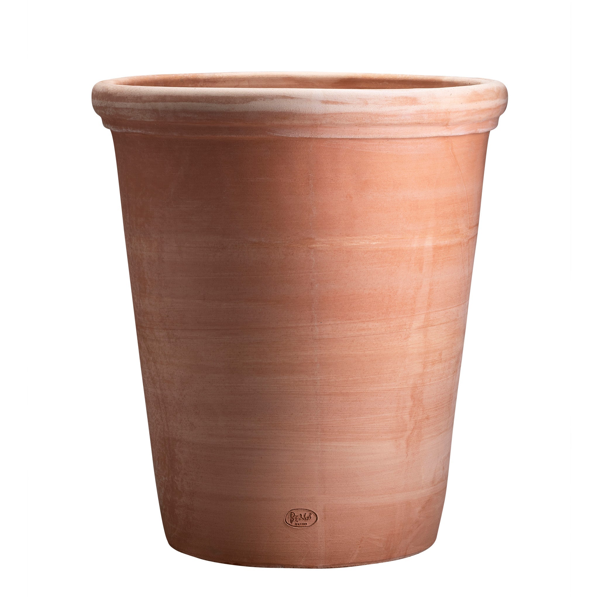 Large terracotta ceramic Bergs Potter pot on a white background