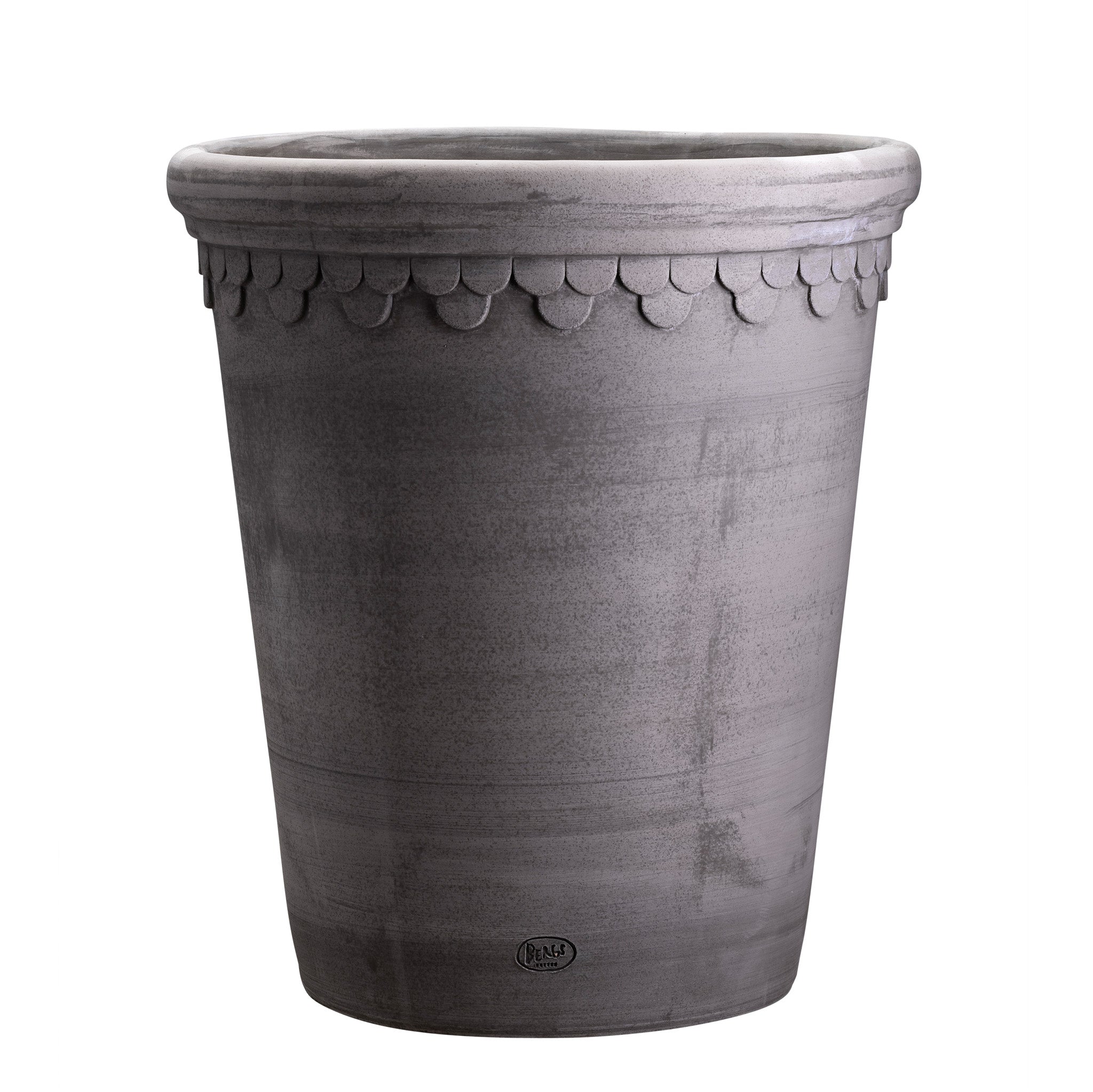 Large grey ceramic Bergs Potter pot with ornamental rim on a white background