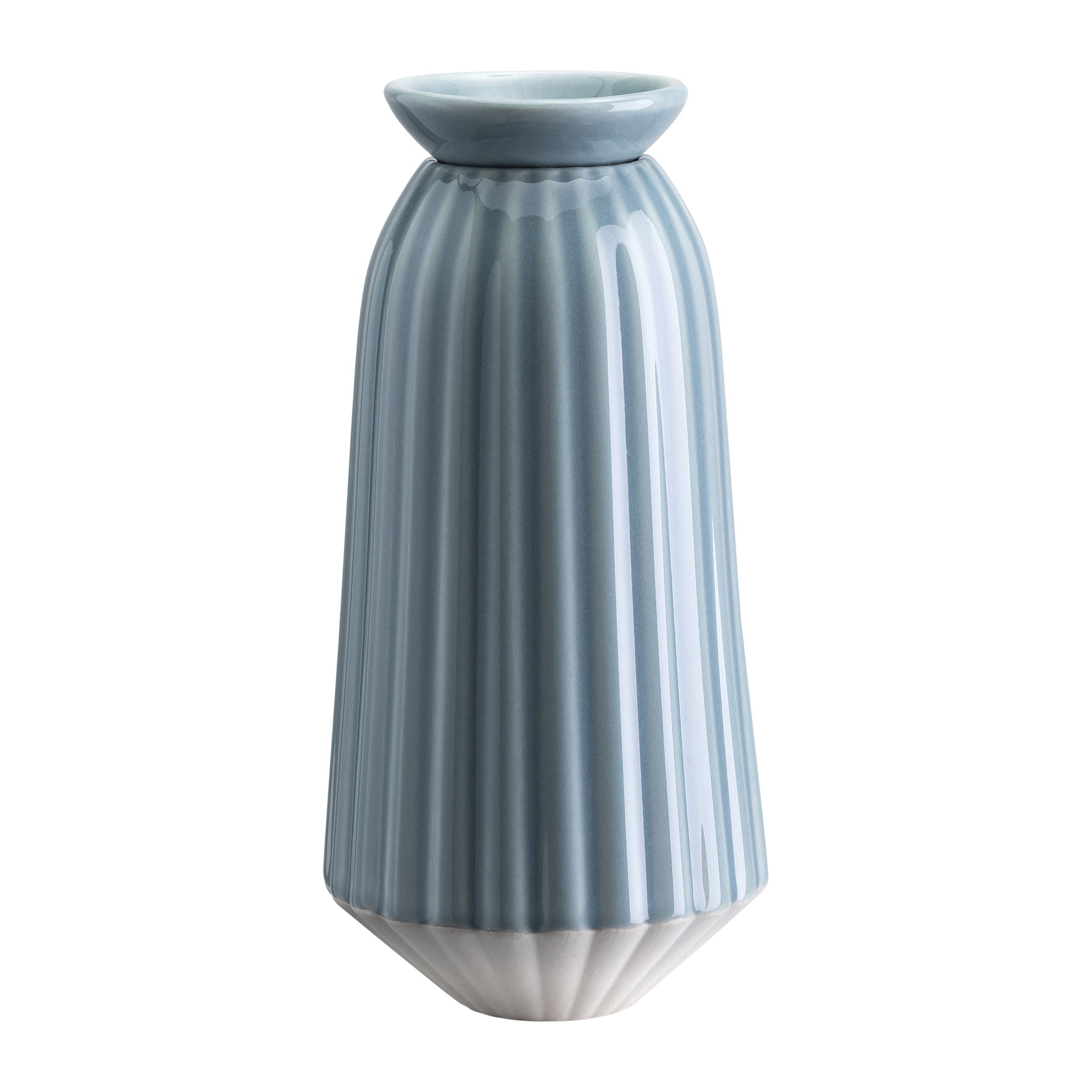 Short, glaze-finish ribbed Bergs Potter watering tube with tapered base and flared top opening in light blue