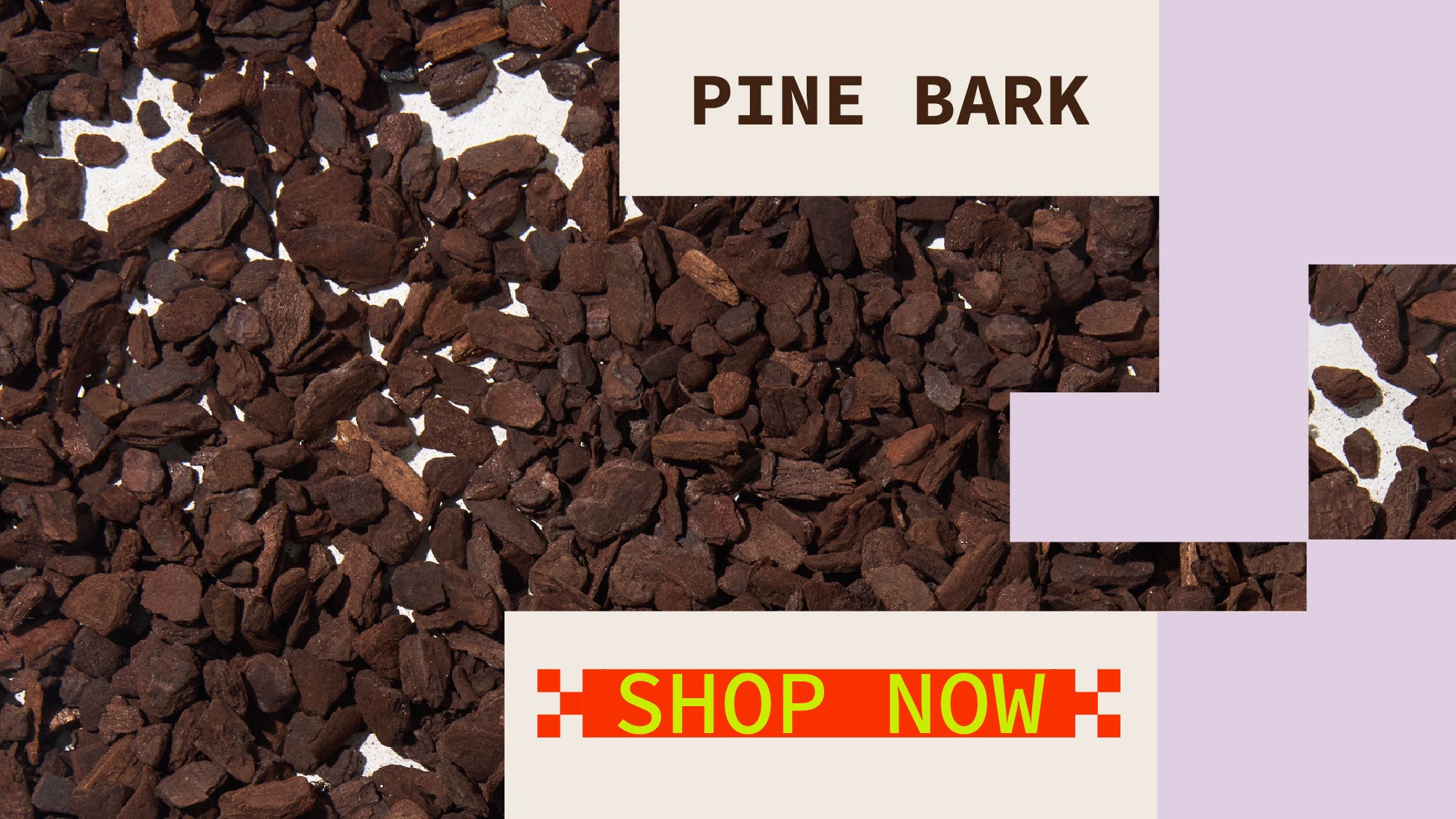 Pine bark with 'Shop Now' and 'Pine Bark' text overlay on a purple background