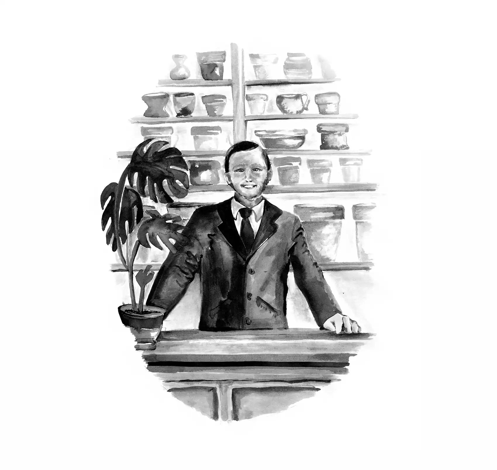 Black and white watercolor painting of a man standing behind a store counter which displays a potted plant.