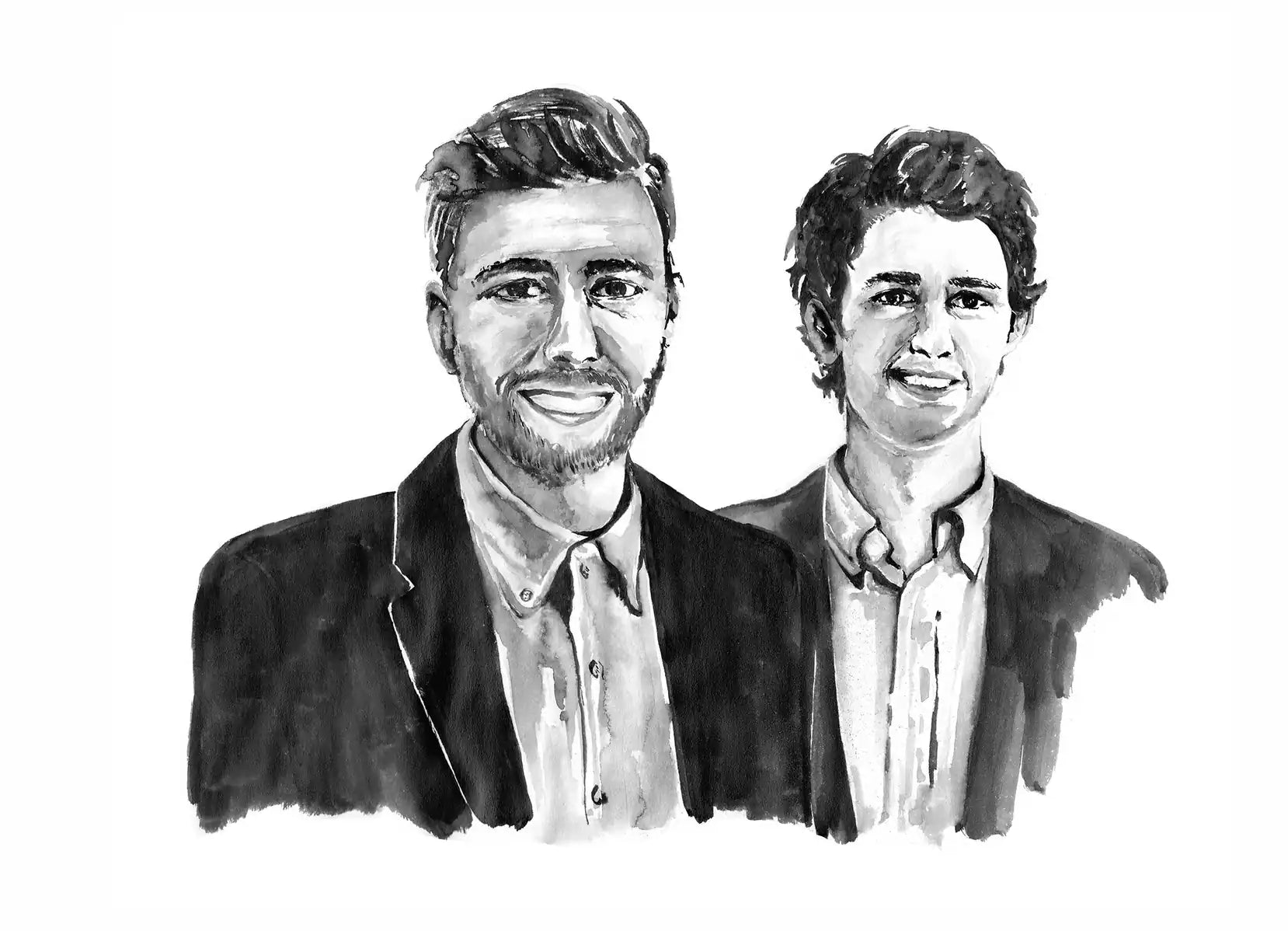 Black and white watercolor painting of two men wearing suits and ties.