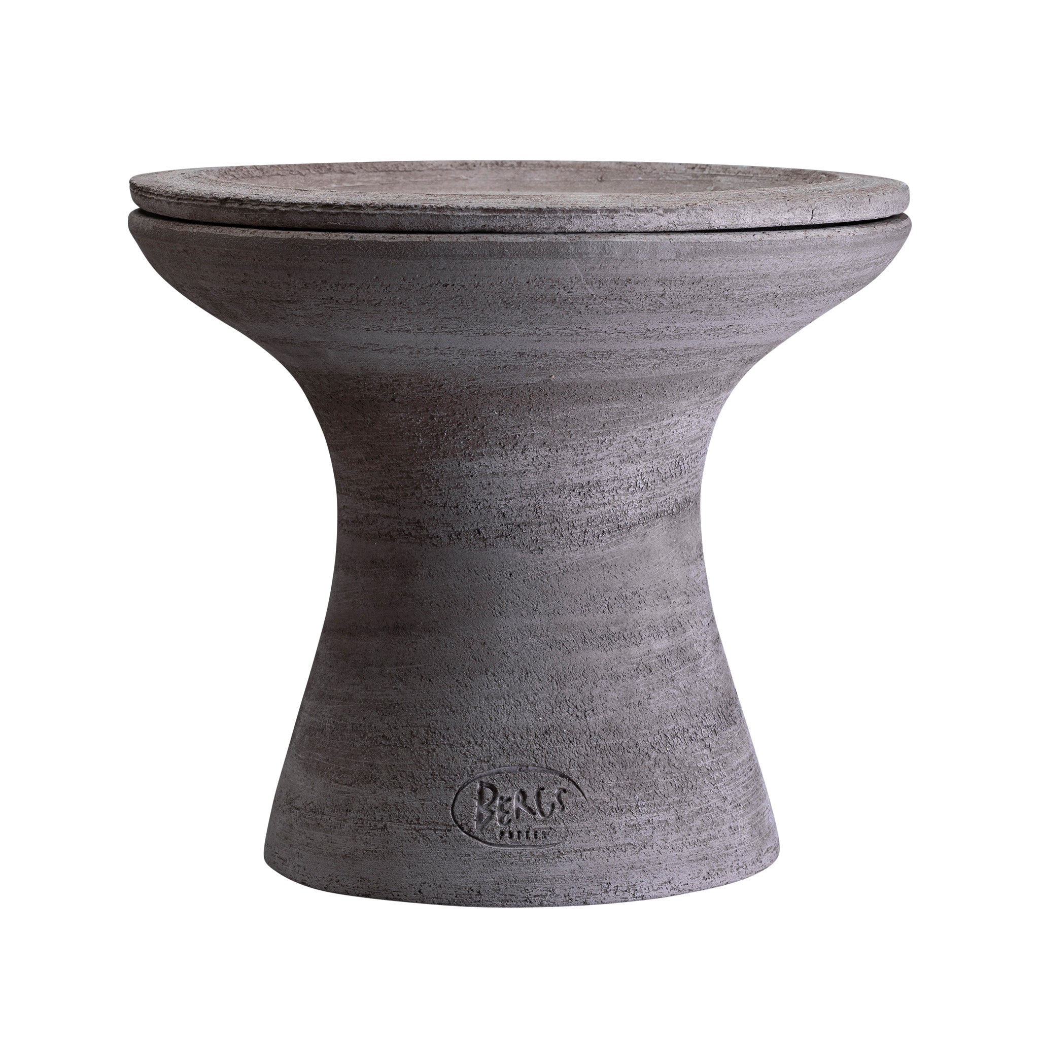 Concrete-finished Bergs Potter planter with matching saucer on top on a white background