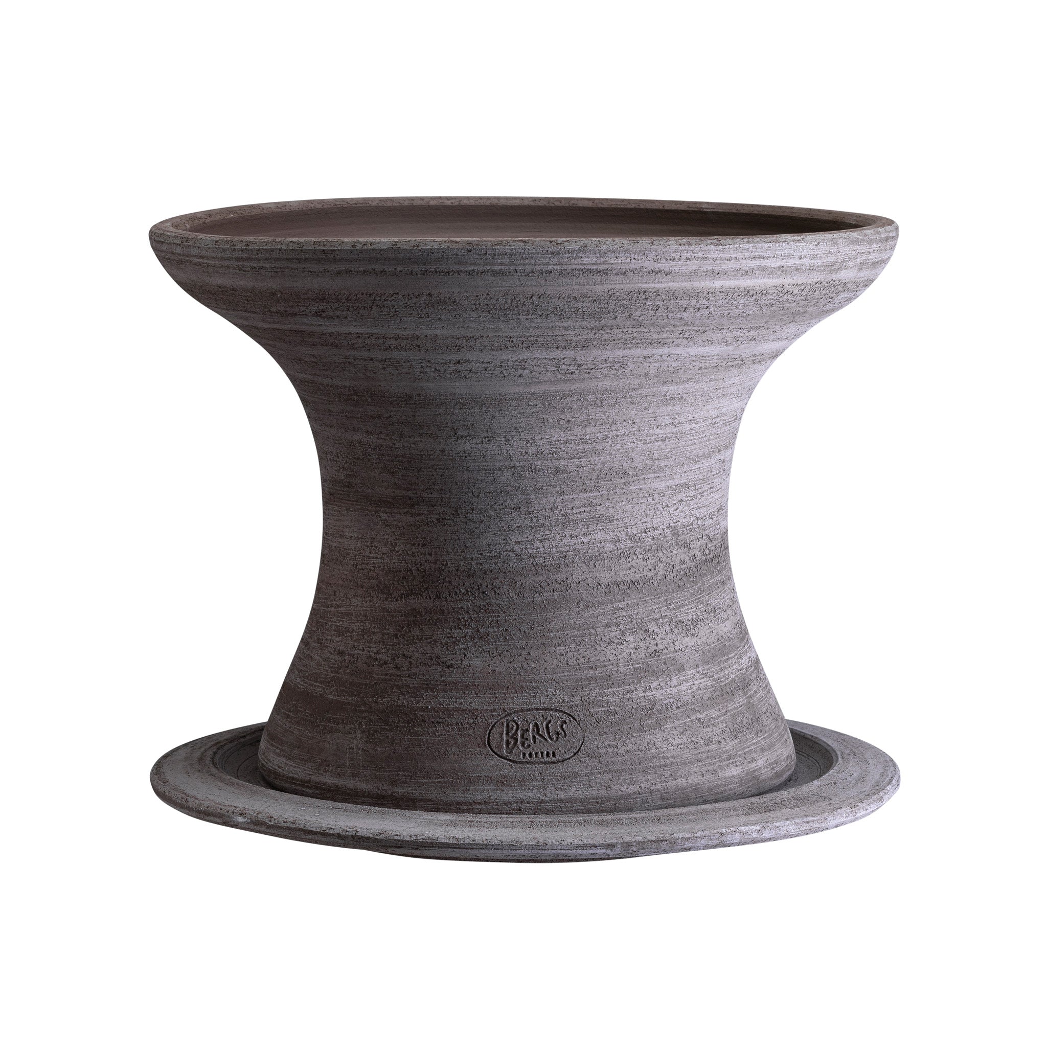 Concrete-finished Bergs Potter planter sitting on matching saucer with a textured surface on a white background