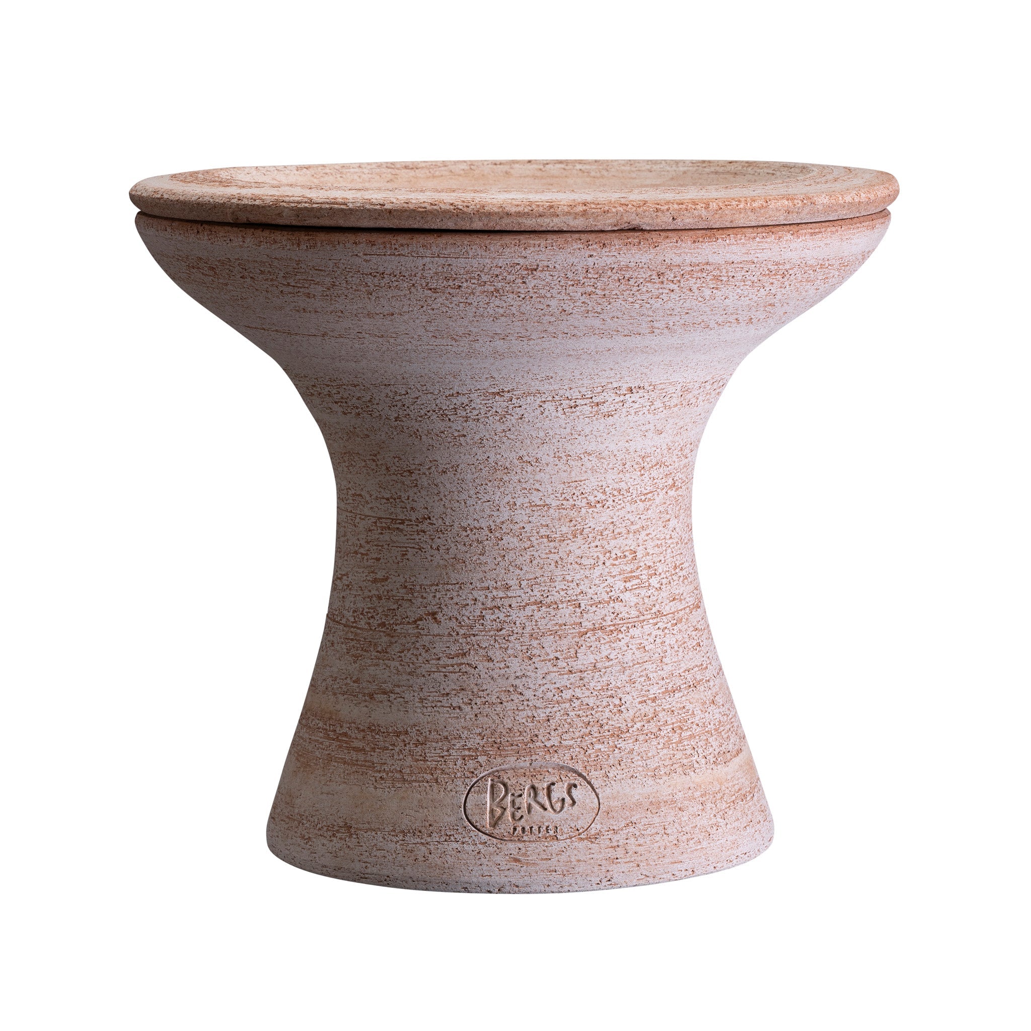 Raw terracotta Bergs Potter planter with matching saucer on a white background