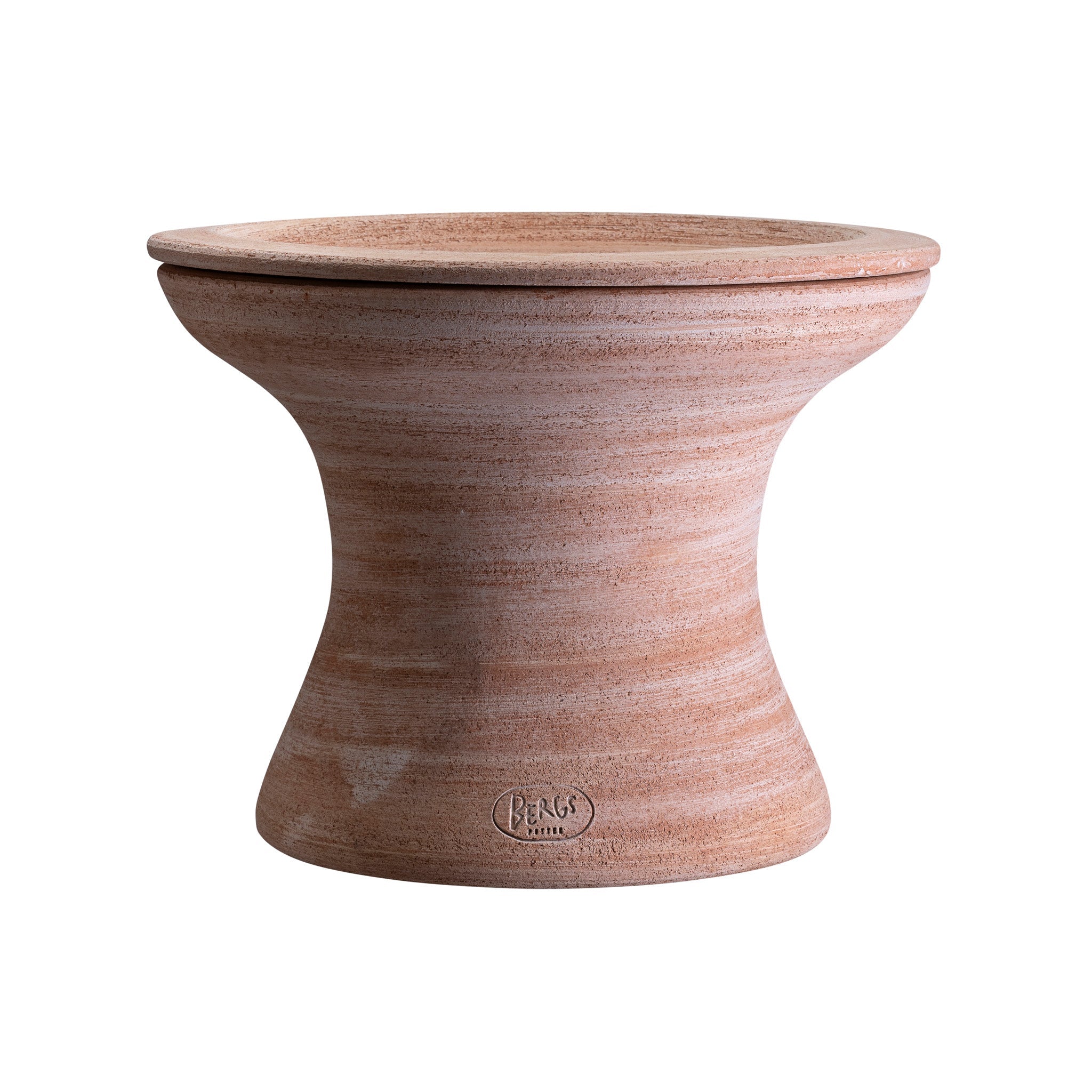Raw terracotta Bergs Potter planter with matching saucer on top on a white background