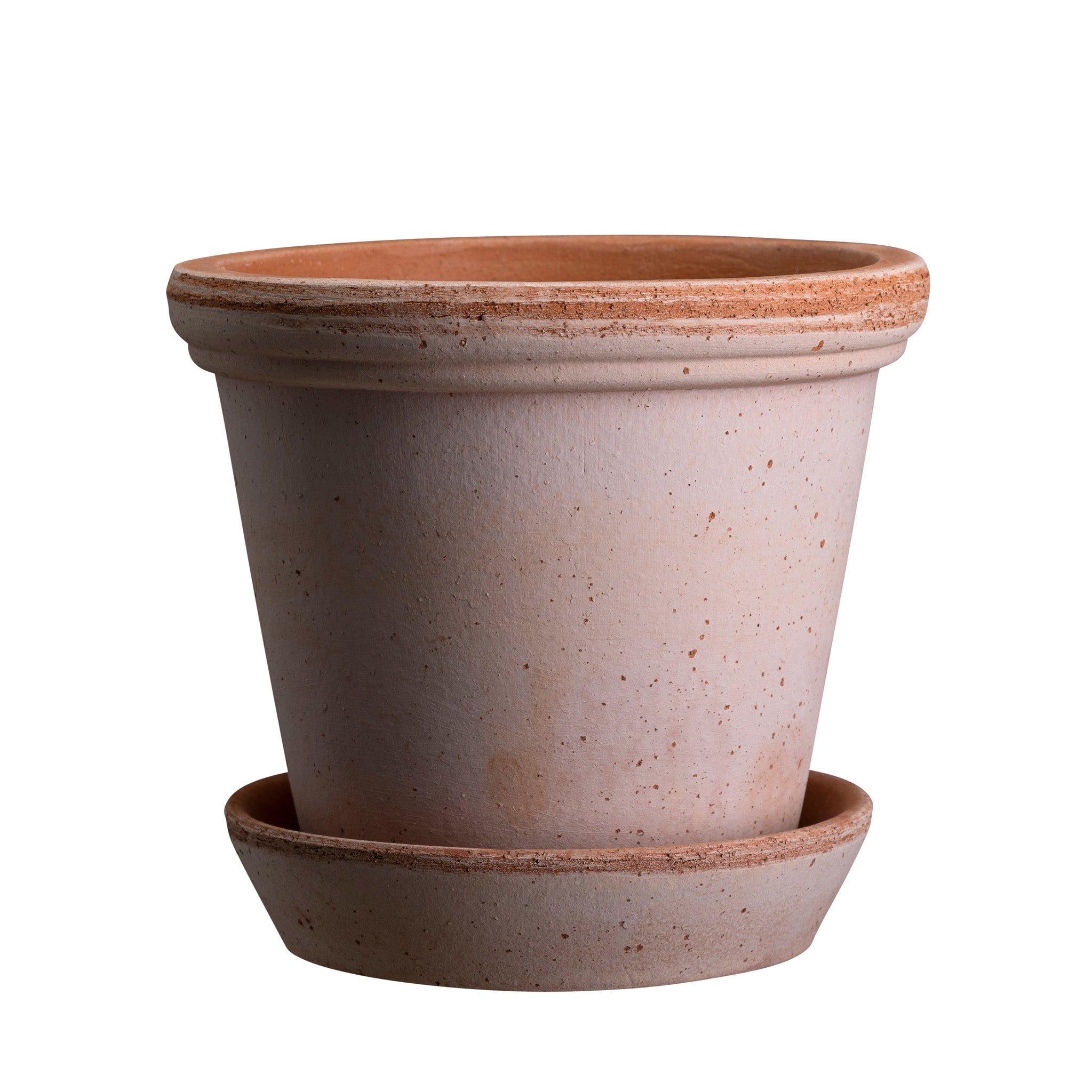 Ceramic Bergs Potter planter in rosa colour with matching saucer on a white background