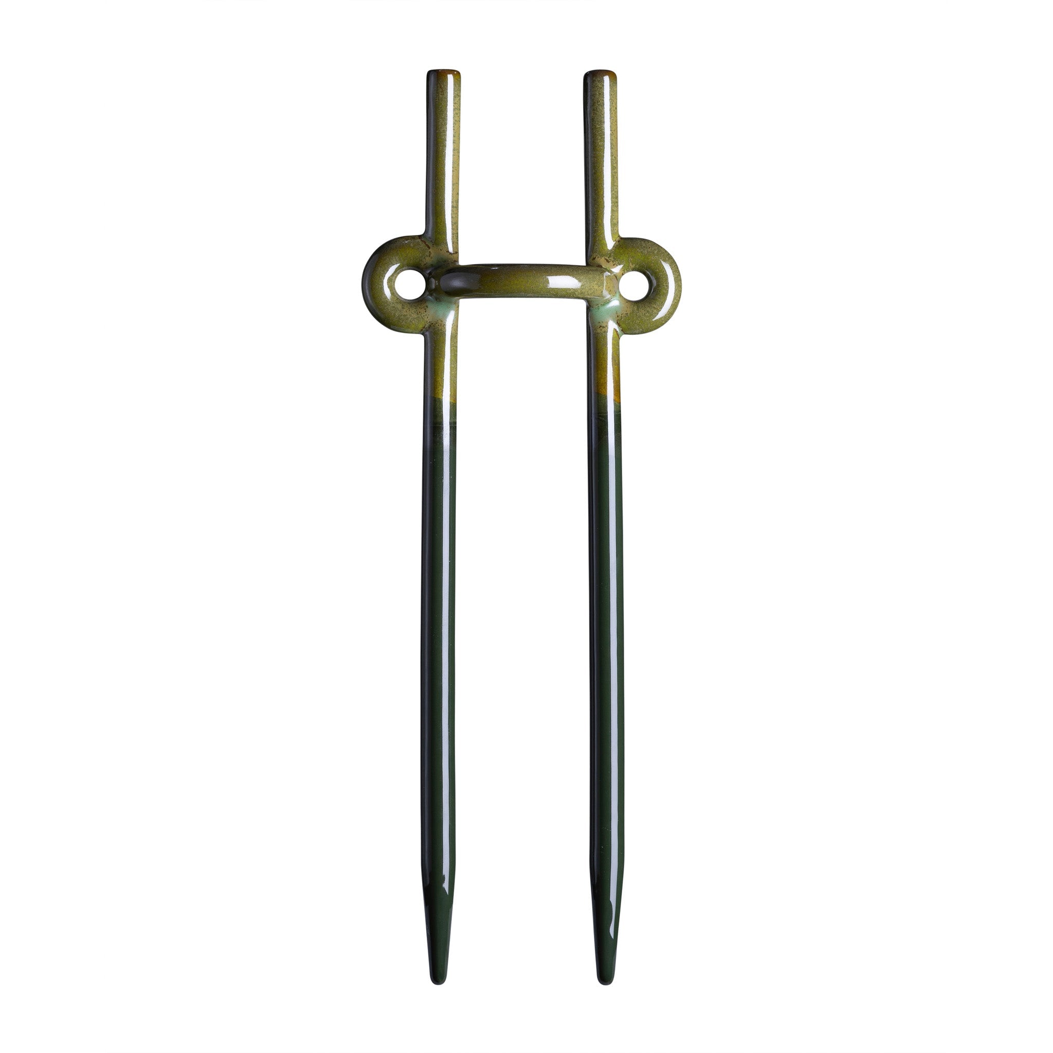 Dark blue and leaf green glossy-finished two-pronged plant support stake on white background