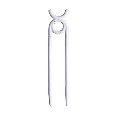 White glossy-finished two-pronged plant support stake on white background