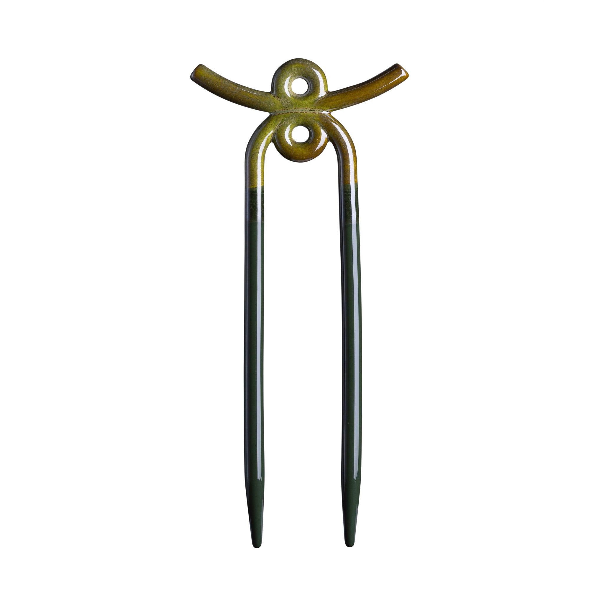 Dark blue and leaf green glossy-finished two-pronged plant support stake on white background