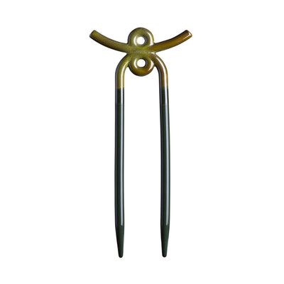 Dark blue and leaf green glossy-finished two-pronged plant support stake on white background