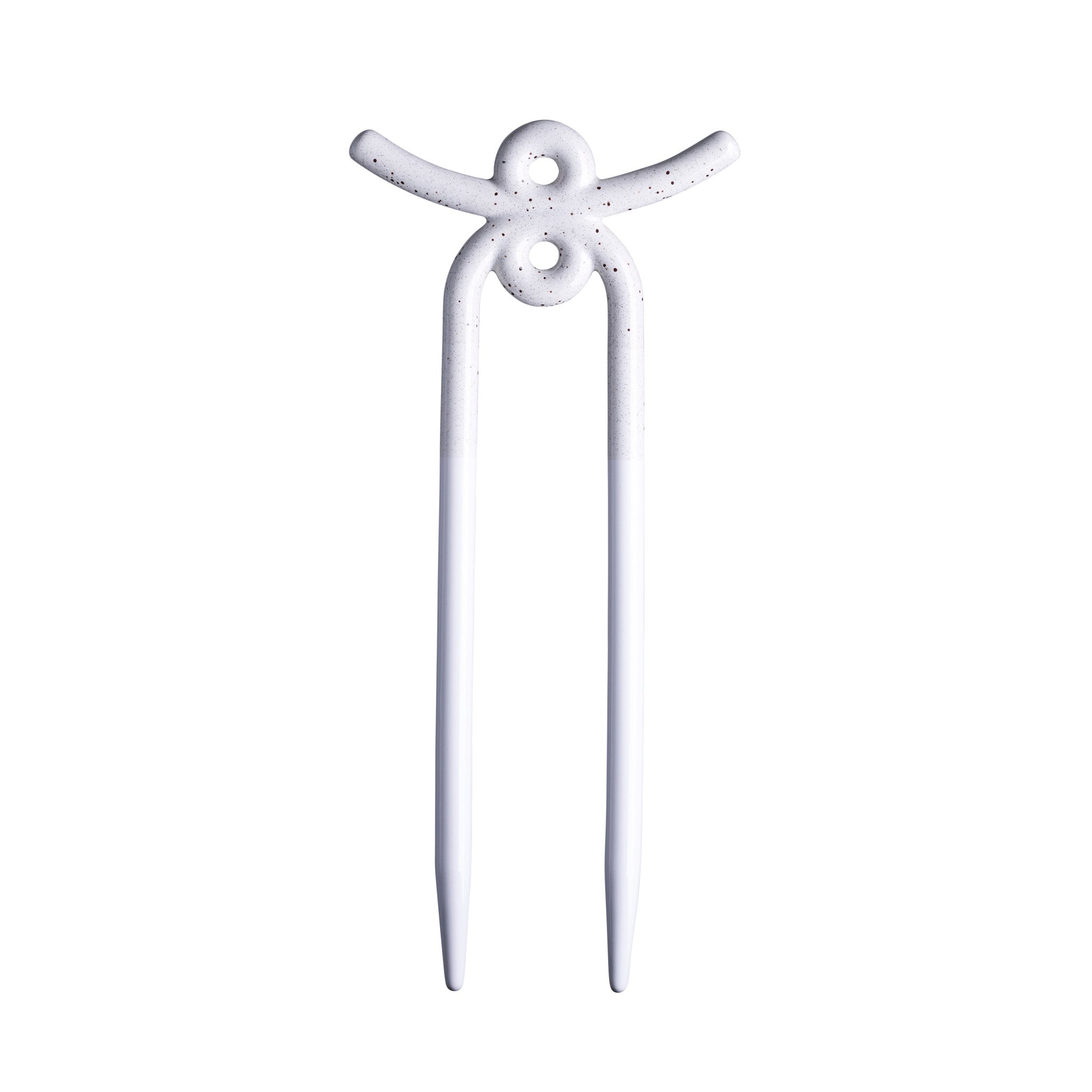 White glossy-finished two-pronged plant support stake on white background