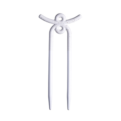 White glossy-finished two-pronged plant support stake on white background