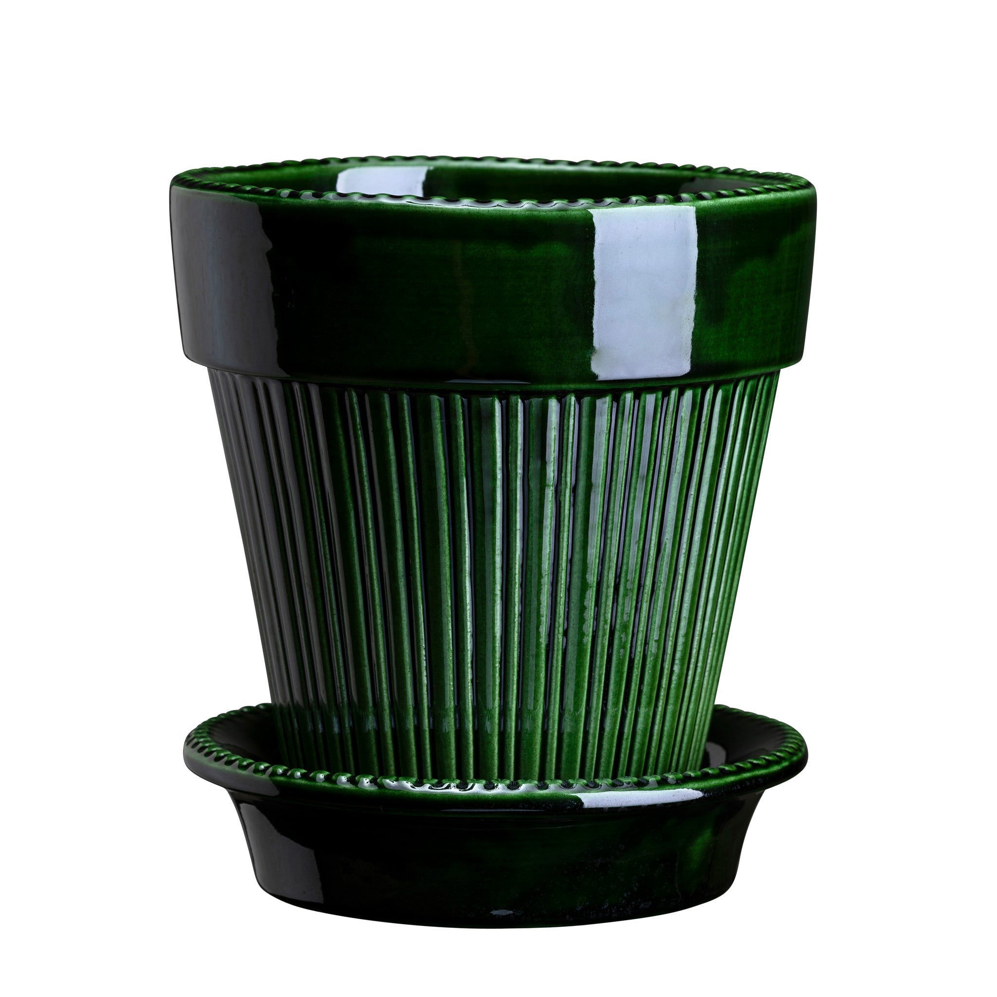 Green ceramic Bergs Potter planter with ribbed design on a white background