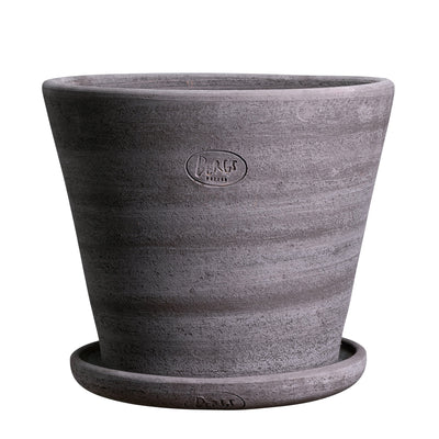 Large stone grey finish ceramic Bergs Potter pot and matching saucer, both with embossed logo mark