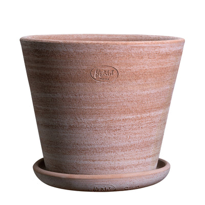 Large raw terracotta finish ceramic Bergs Potter pot and matching saucer, both with embossed logo mark