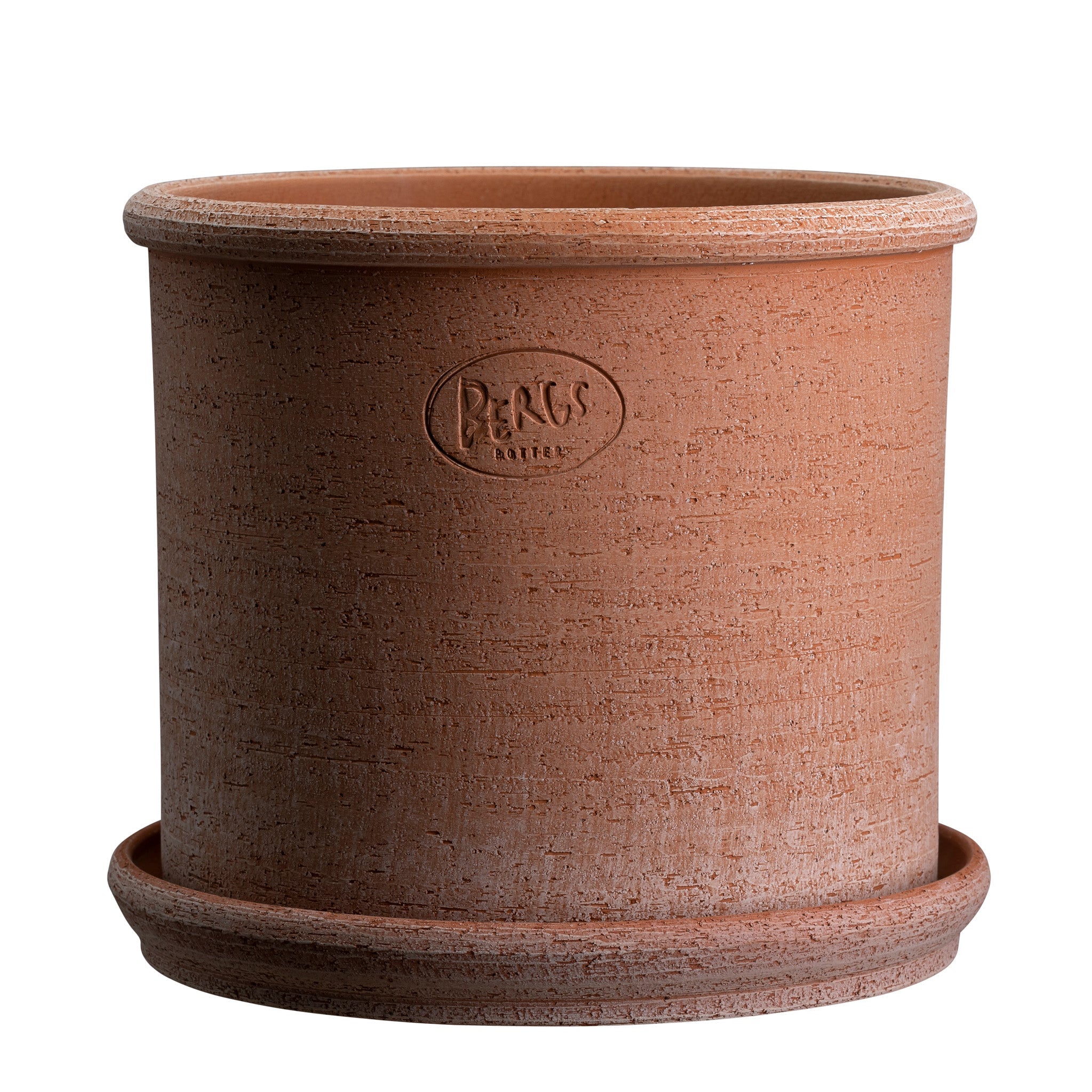 Cylindrical terracotta pot with an embossed Bergs Potter brand logo and matching saucer on a white background