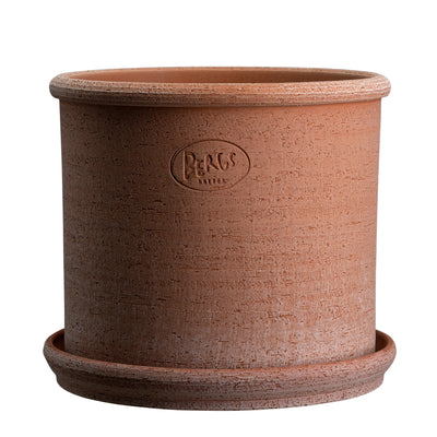 Cylindrical terracotta pot with an embossed Bergs Potter brand logo and matching saucer on a white background