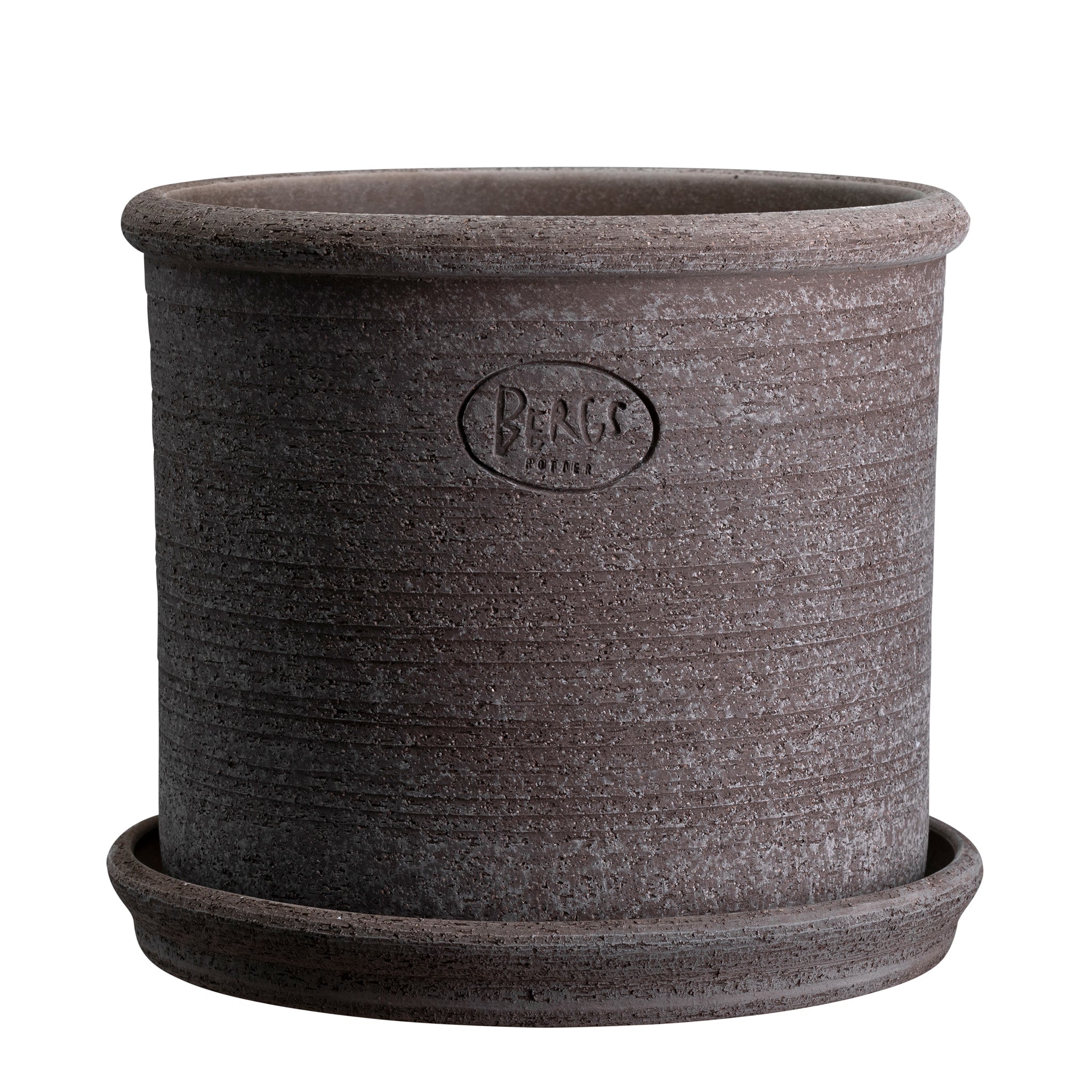 Cylindrical grey ceramic pot with an embossed Bergs Potter brand logo and matching saucer on a white background