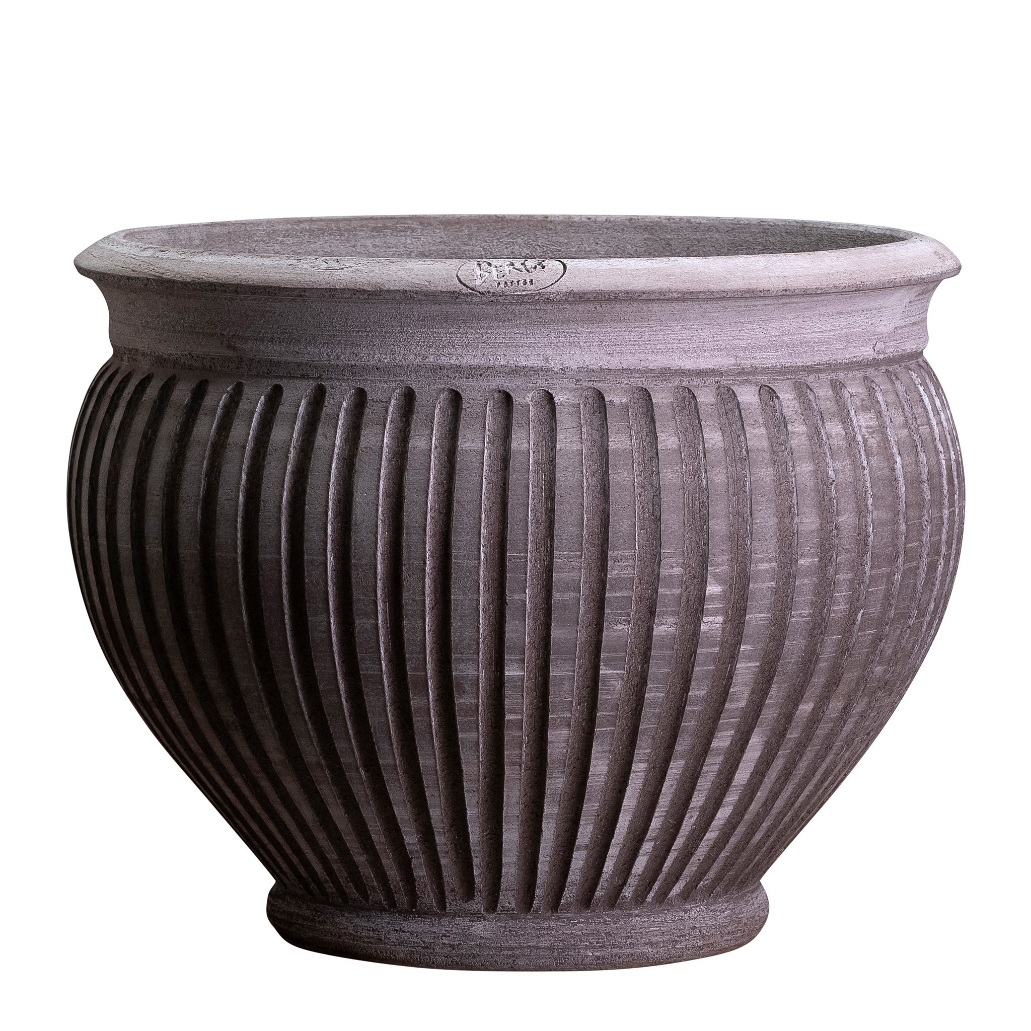 Large, bulbous, ribbed Bergs Potter ceramic planter on a white background