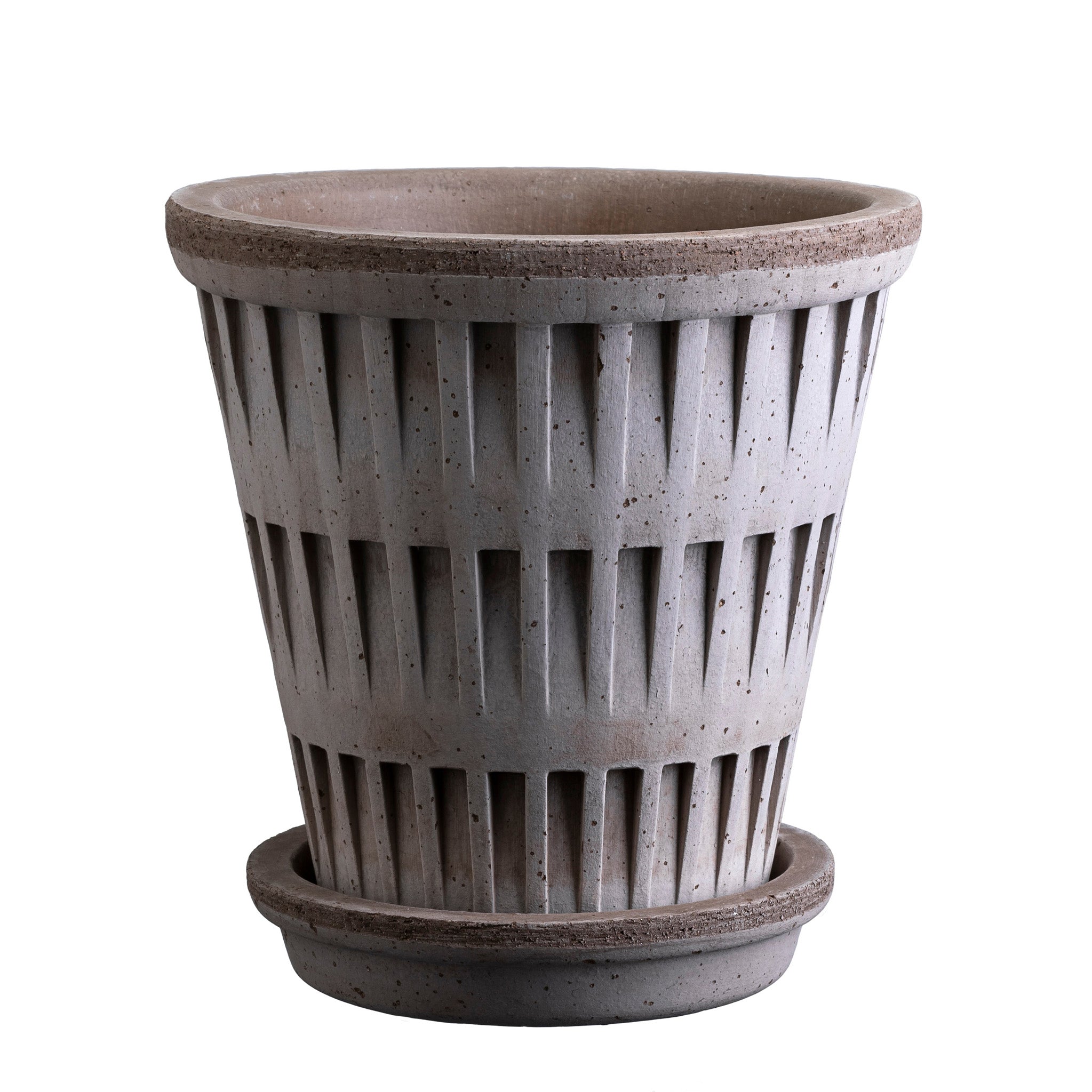 Textured gray Bergs Potter pot with ribbed design and matching saucer on a white background