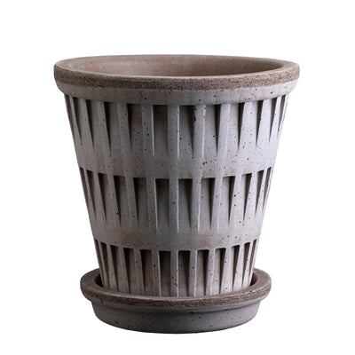 Textured gray Bergs Potter pot with ribbed design and matching saucer on a white background