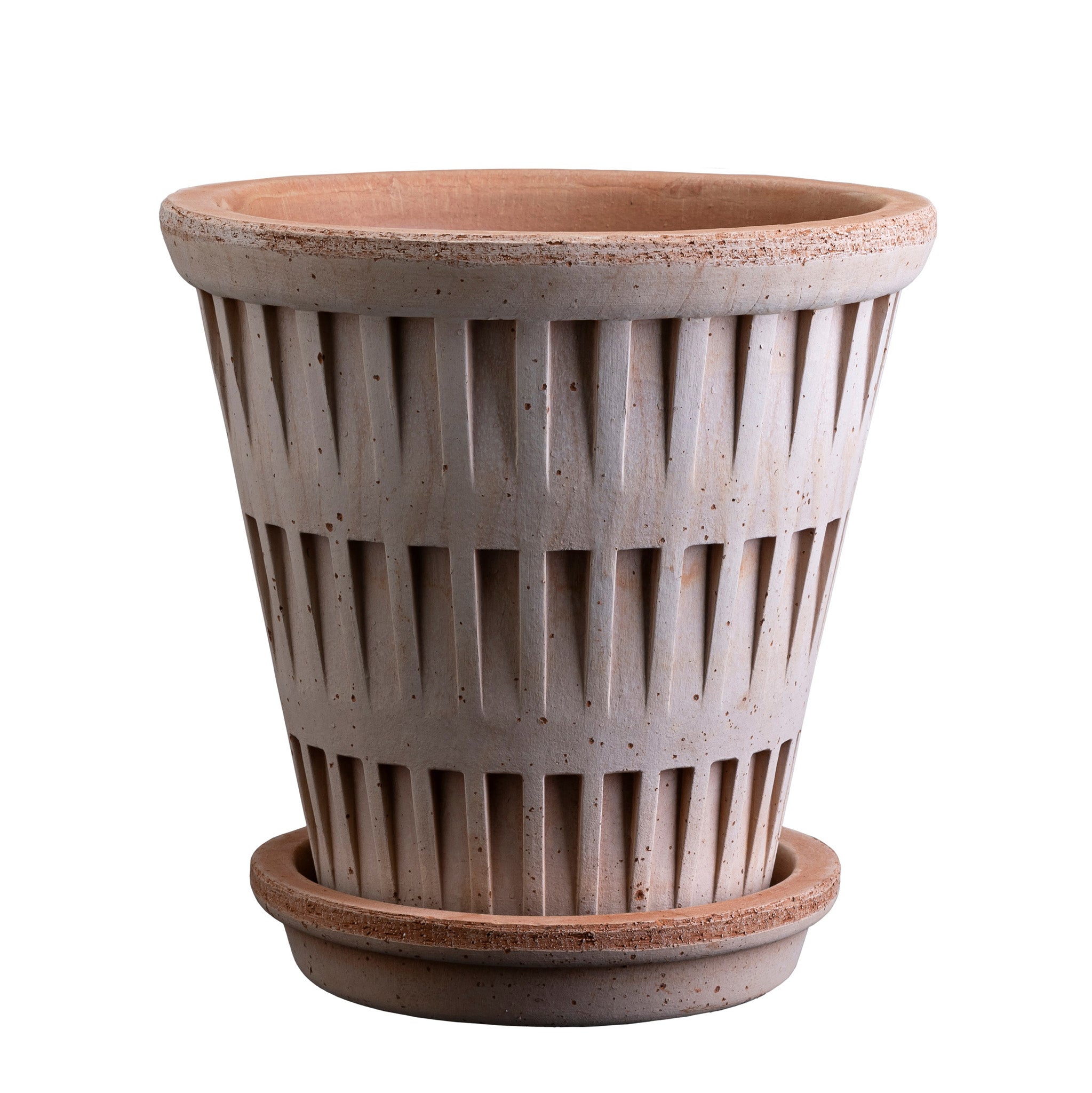 Terracotta Bergs potter pot with a textured design and matching saucer on a white background