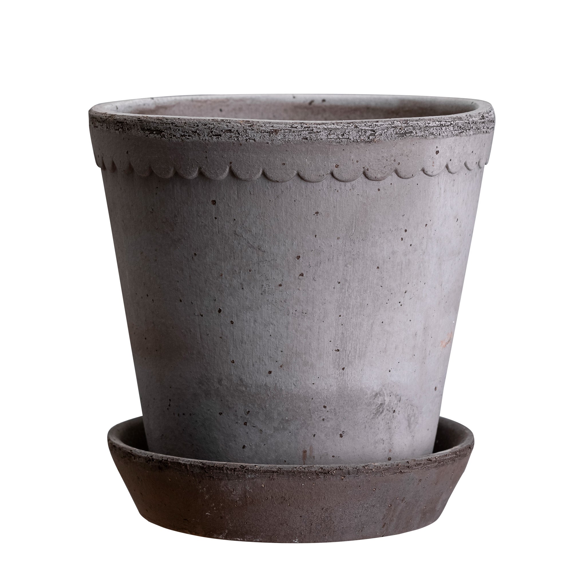 Ceramic Bergs Potter planter in stone grey colour with decorative rim and matching saucer