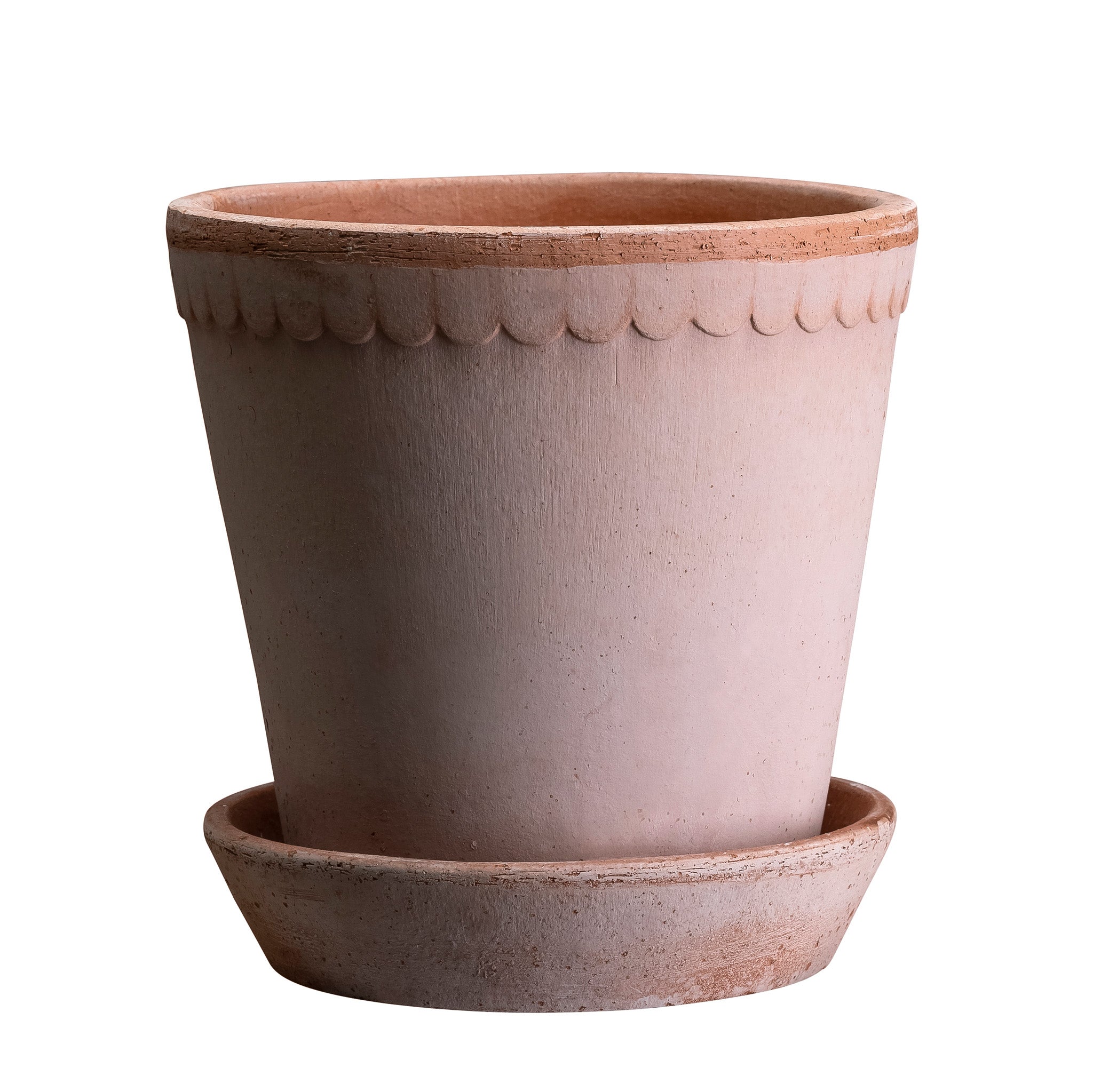 Ceramic Bergs Potter planter in rosa colour with decorative rim and matching saucer
