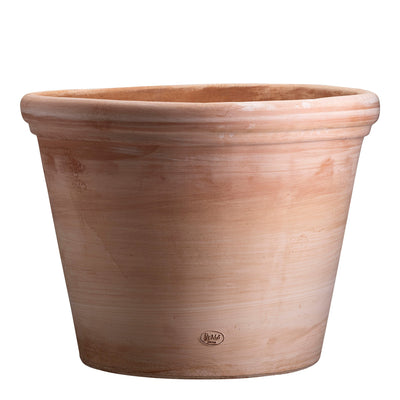 Wide terracotta ceramic Bergs Potter pot on a white background