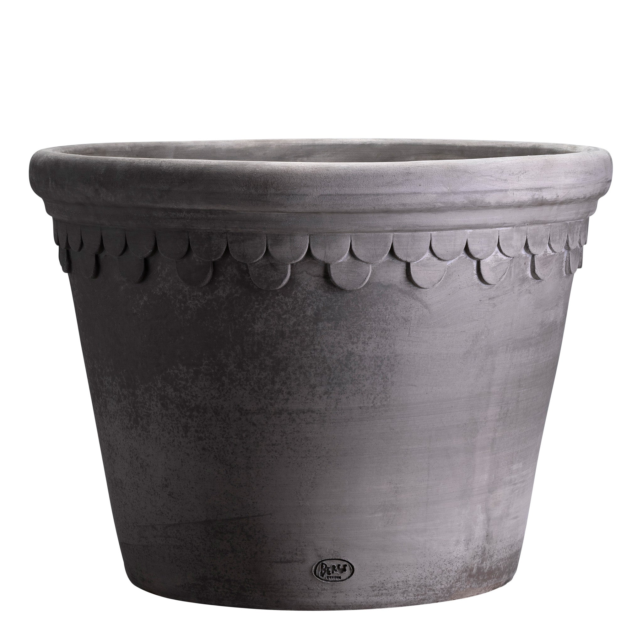 Wide grey ceramic Bergs Potter pot with ornamental rim on a white background