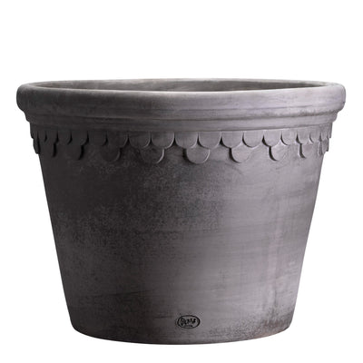 Wide grey ceramic Bergs Potter pot with ornamental rim on a white background