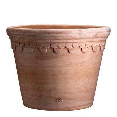 Wide terracotta ceramic Bergs Potter pot with ornamental rim on a white background