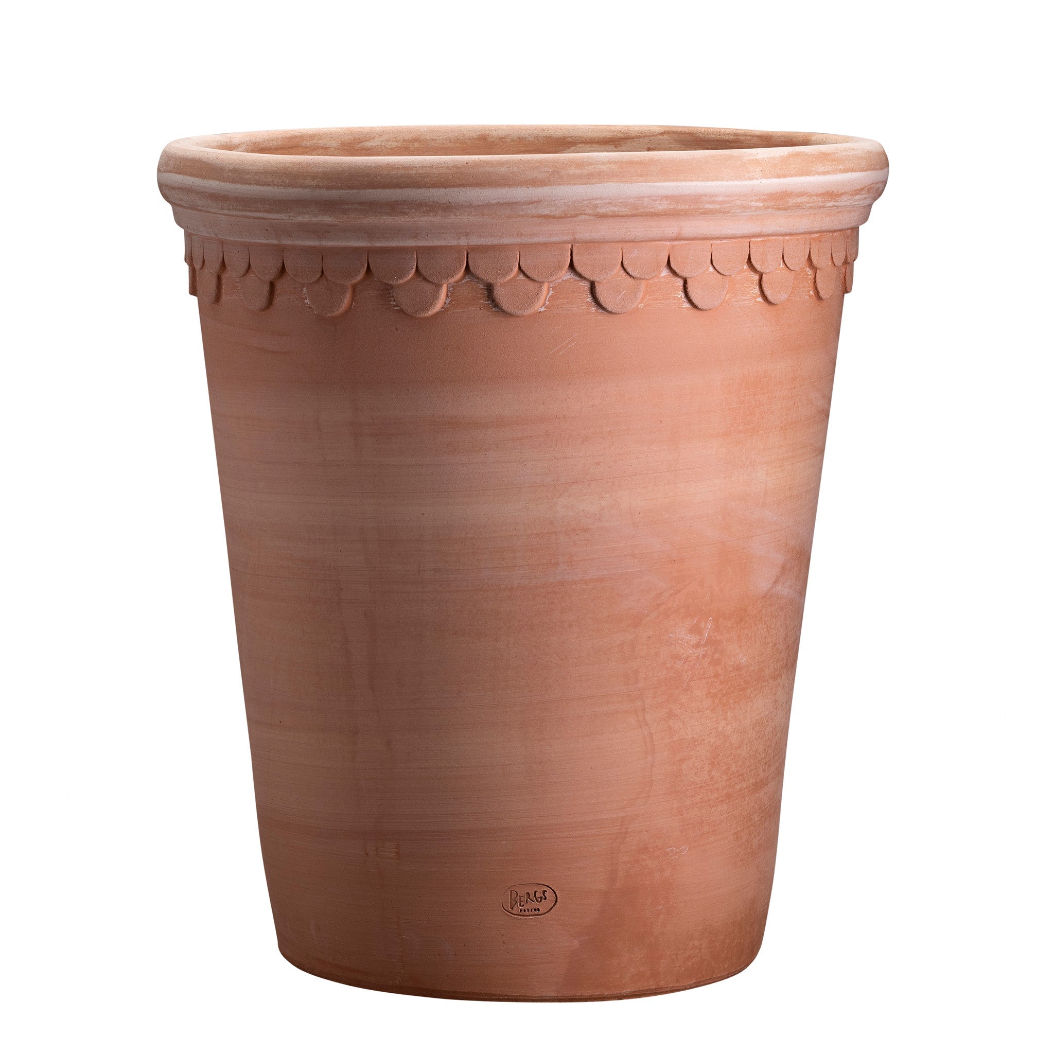 Large terracotta ceramic Bergs Potter pot with ornamental rim on a white background