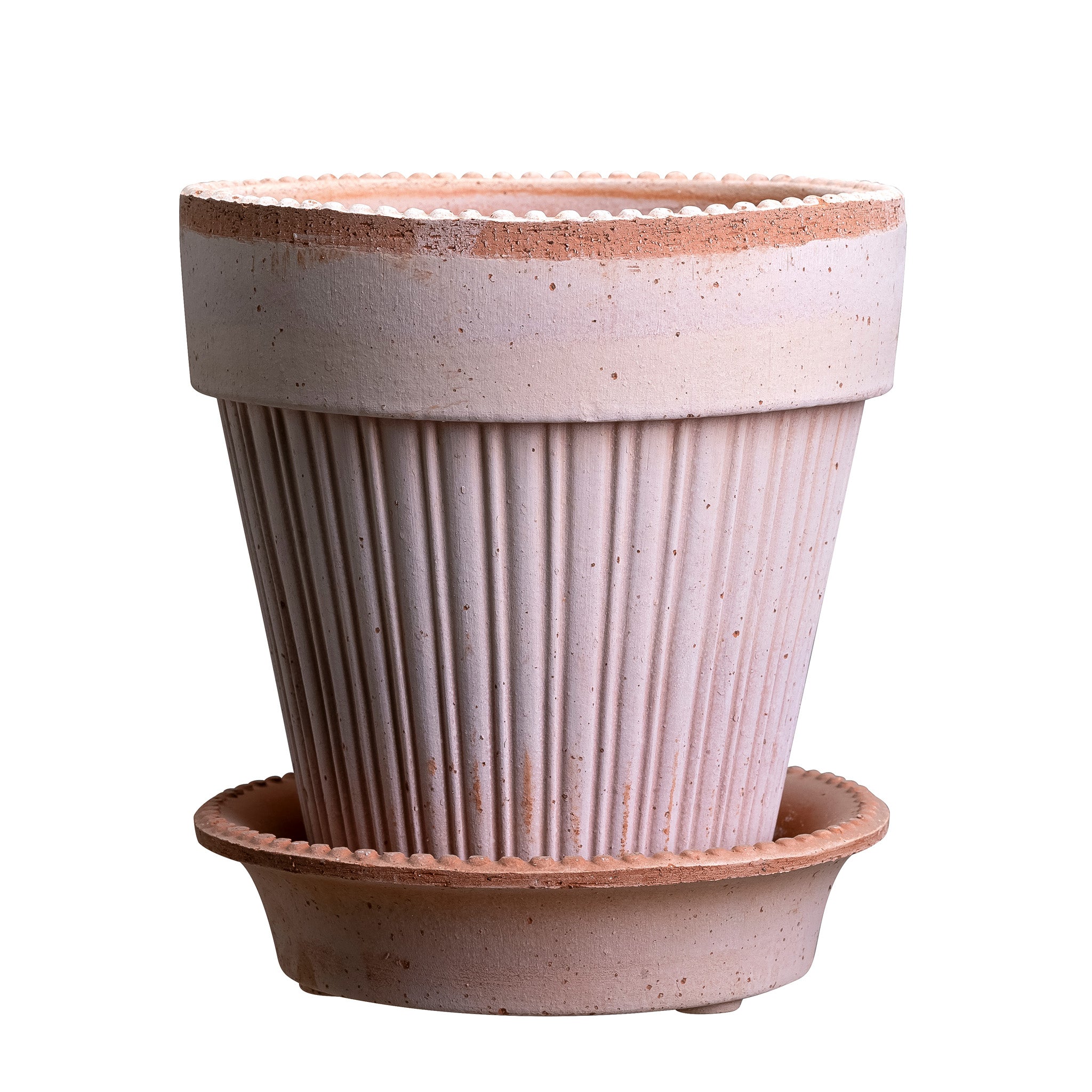 Bergs Potter ceramic planter with ribbed design and terracotta rim with matching saucer