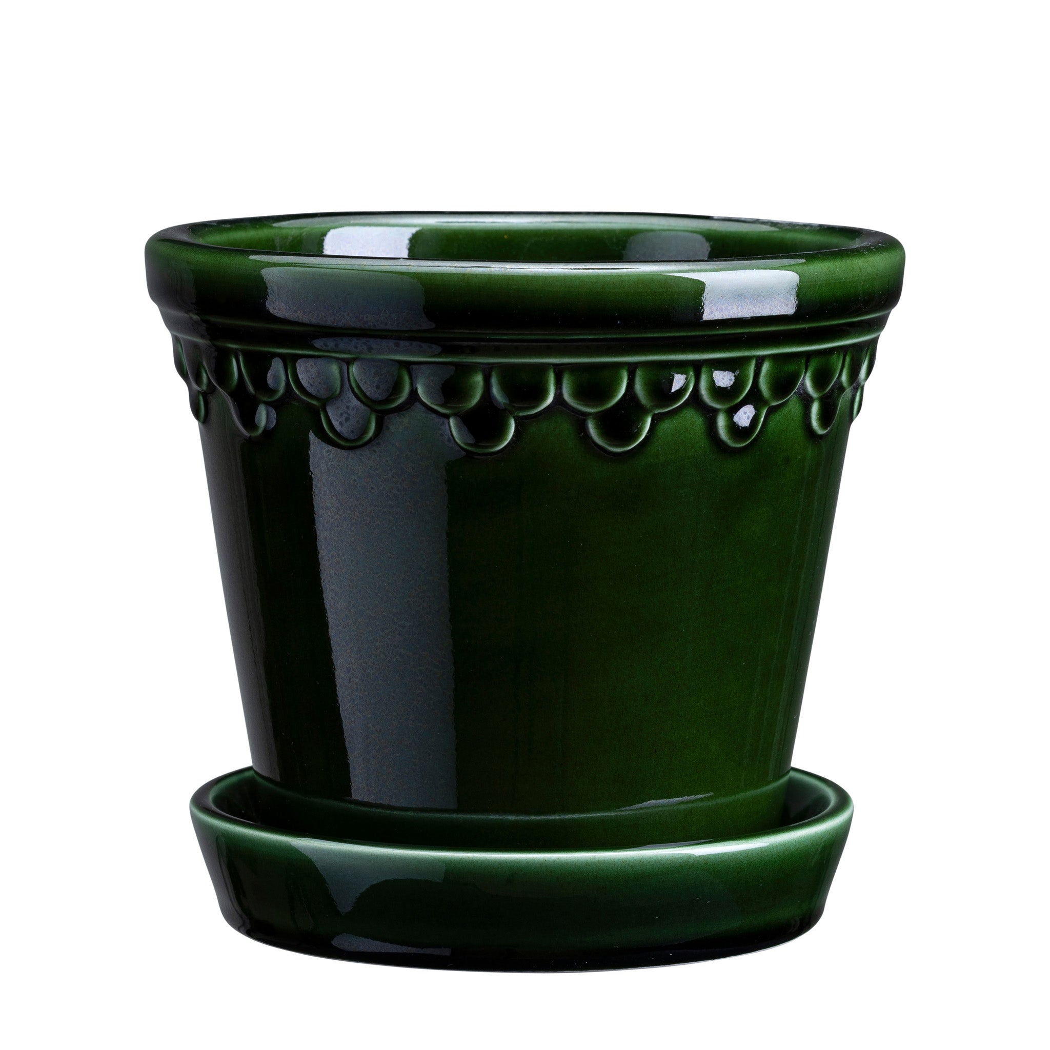 Emerald green glaze-finish ceramic Bergs Potter pot with matching saucer
