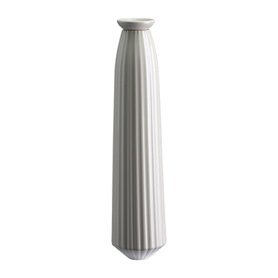 Tall, glaze-finish ribbed Bergs Potter watering tube with tapered base and flared top opening in white