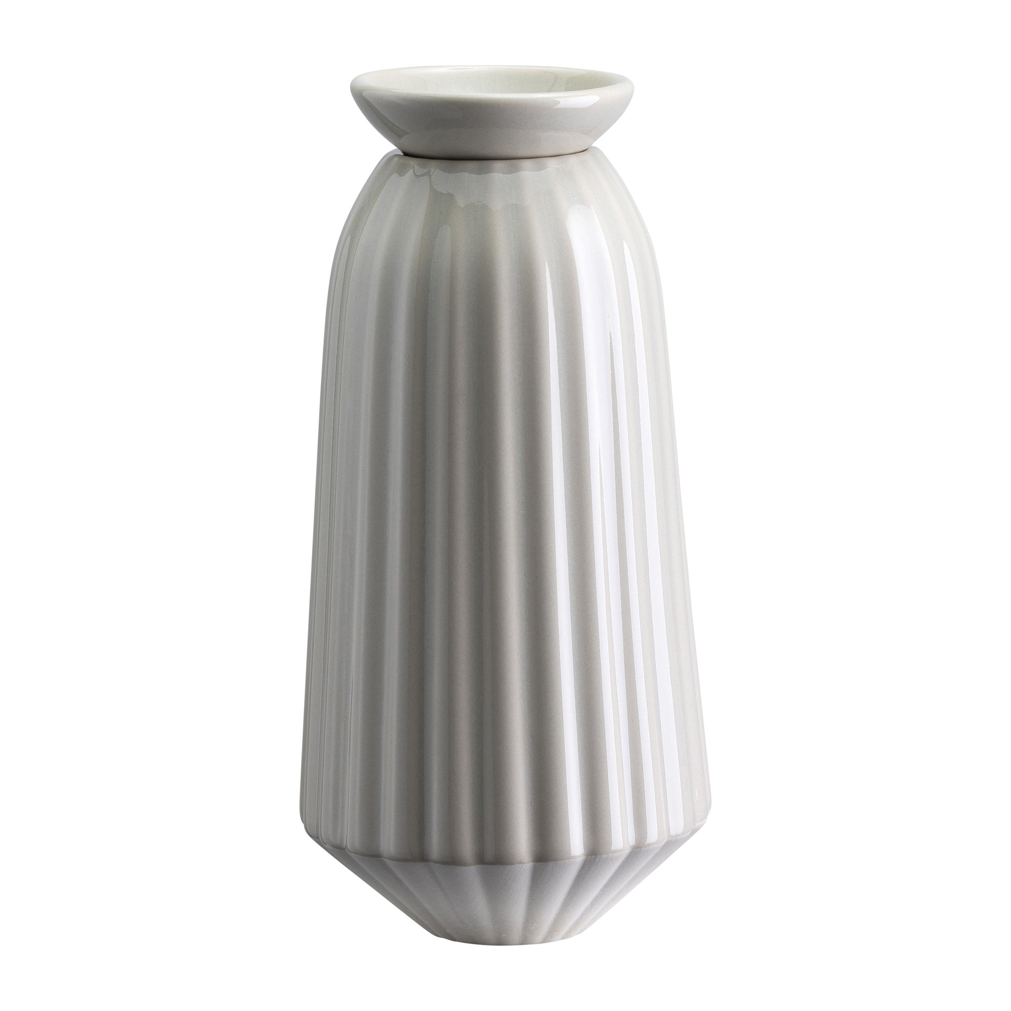 Short, glaze-finish ribbed Bergs Potter watering tube with tapered base and flared top opening in white