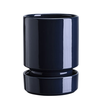 Deep blue glaze-finish Bergs Potter pot and matching saucer