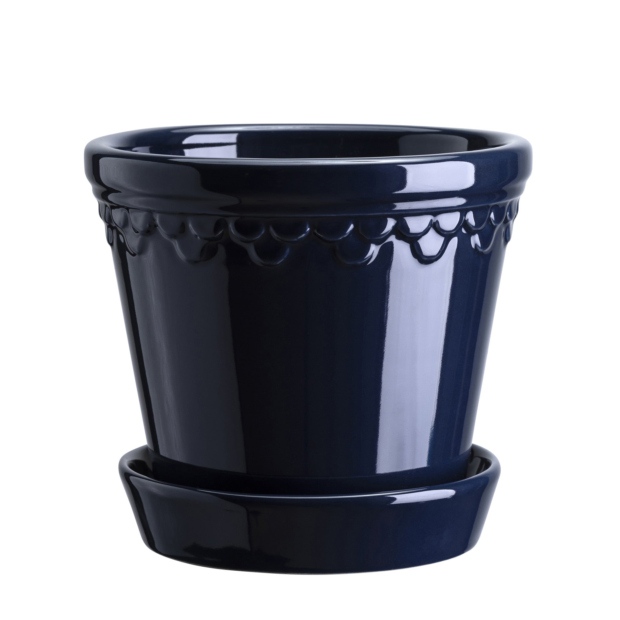 Deep blue glaze-finish ceramic Bergs Potter pot with decorative rim and matching saucer
