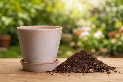 A light beige speckled terracotta pot with a matching saucer sits on a wooden table next to a small pile of dark soil, with a blurred green garden background.